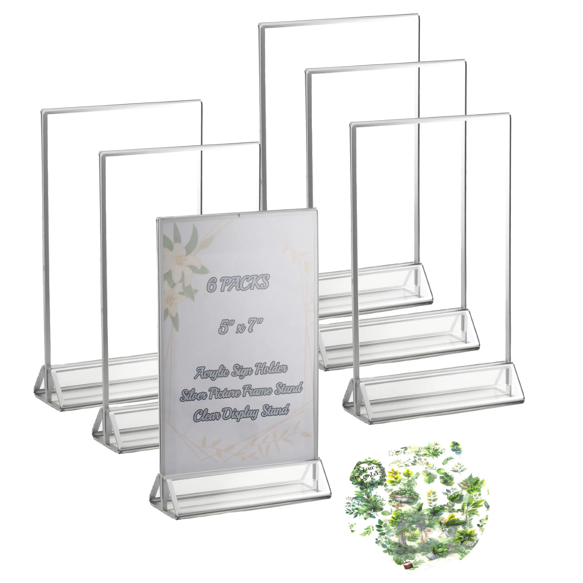 Acrylic Sign Holders 5×7'' – 6 Pack Double-Sided Clear Silver Picture Frames, Flyer Holder, Display Stand for Wedding Table Numbers, Restaurant Menus,