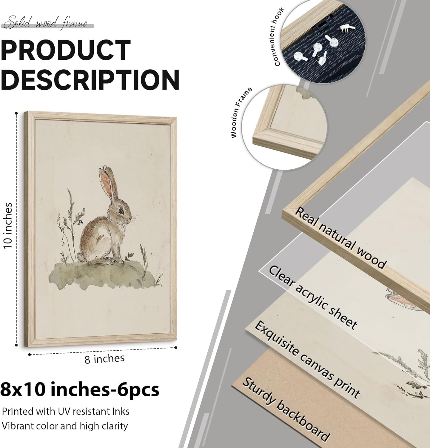 Vintage Nursery Wall Art Kids Canvas Prints Baby Boys Wall Decor Animal Pictures Bunny Poster Neutral Children Prints Duck Painting Woodland Bear Artwork for Farmhouse Bedroom 8x10 Inch Wood Framed