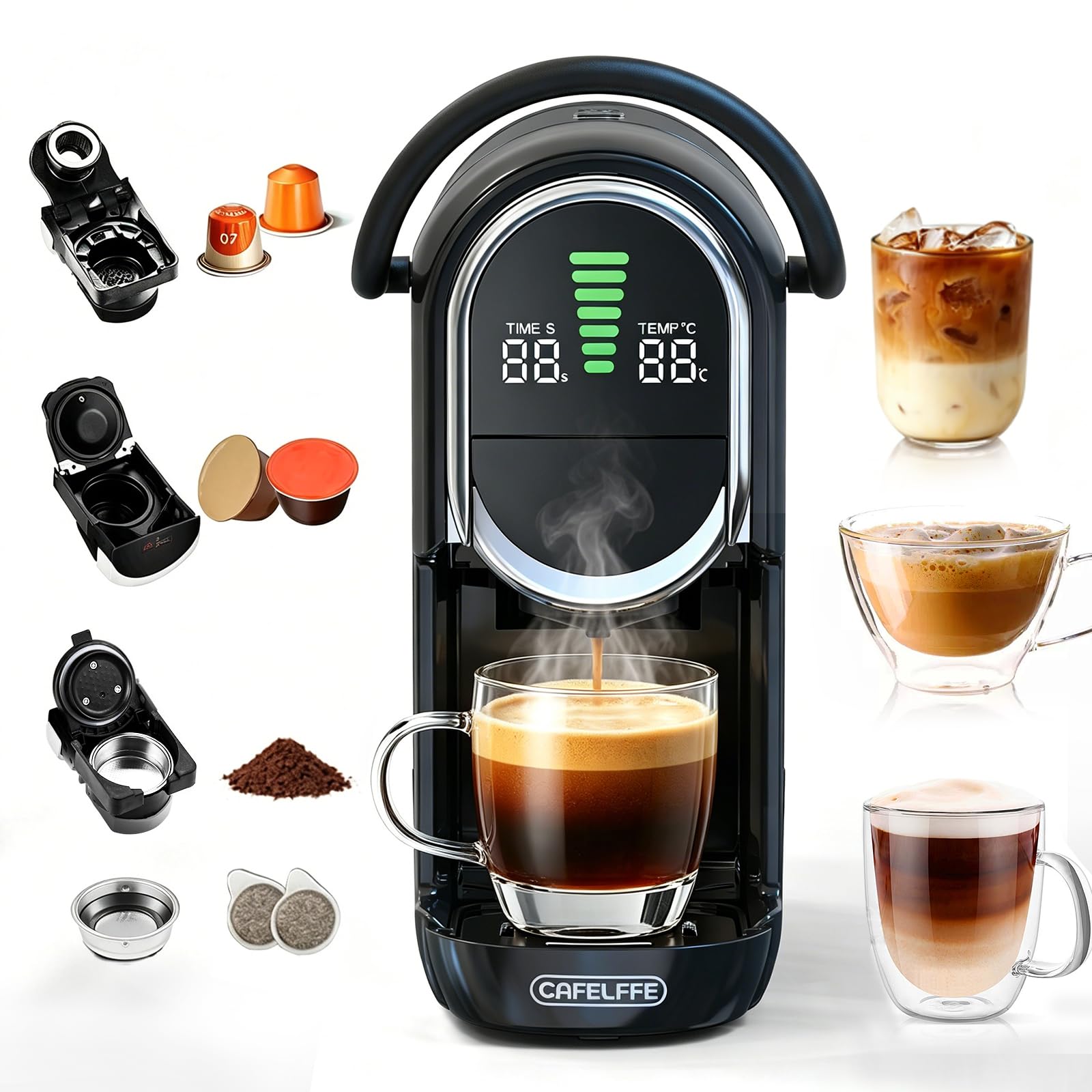 CAFELFFE Ekspres do kawy na kapsułki 4 w 1, 20 bar, zbiornik na wodę 600 ml, 7-stopniowa regulacja ilości wody i temperatury, kompatybilny z wkładami NS*/DG*/ESE i kawą w proszku, czarny