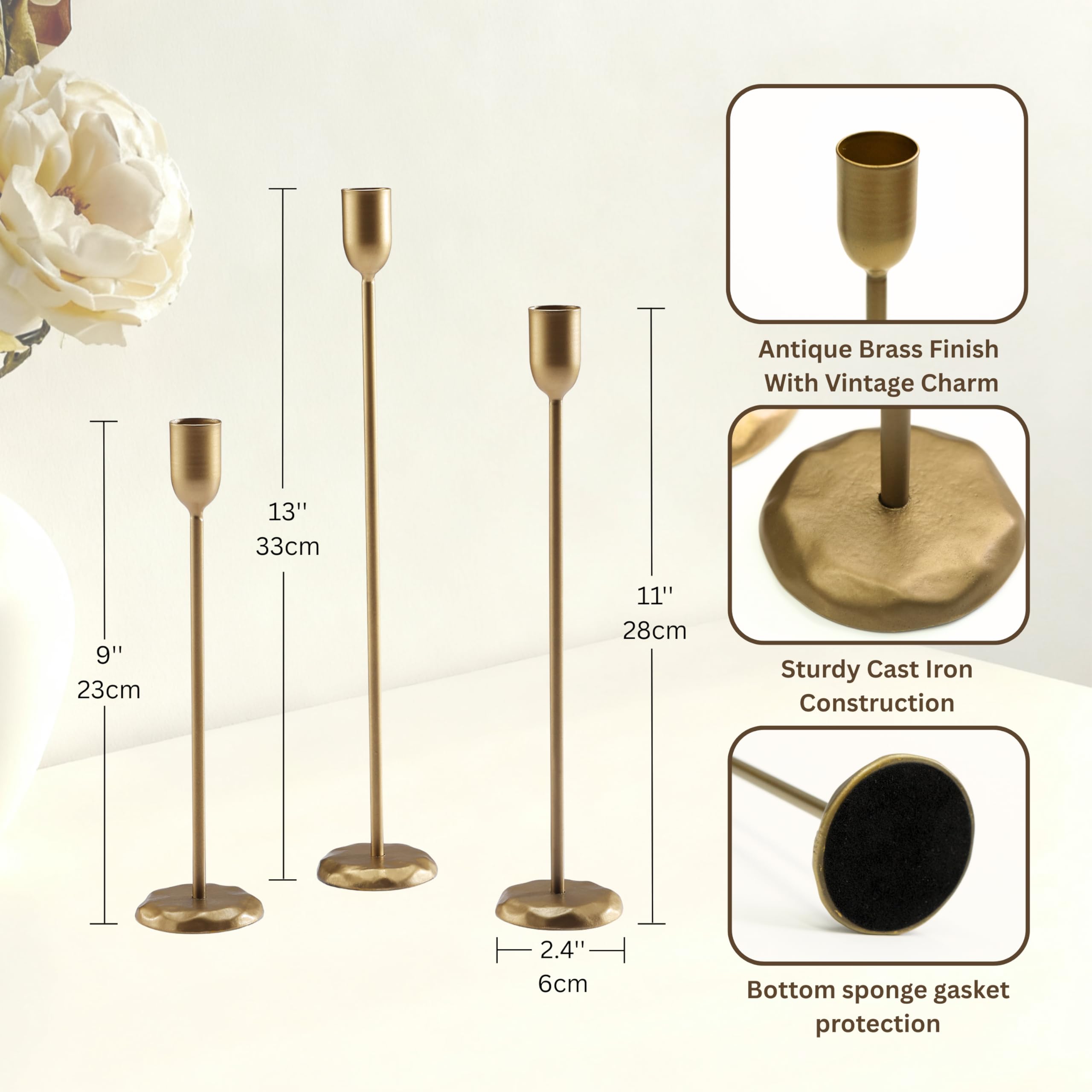 Perfnique Kerzenhalter aus Messing, 6 Stück, antikes Gold, Eisen, Kerzenhalter für Weihnachten, Geburtstag, Hochzeit, Party, Esstisch, Kamin, Kaminsims (Gold)