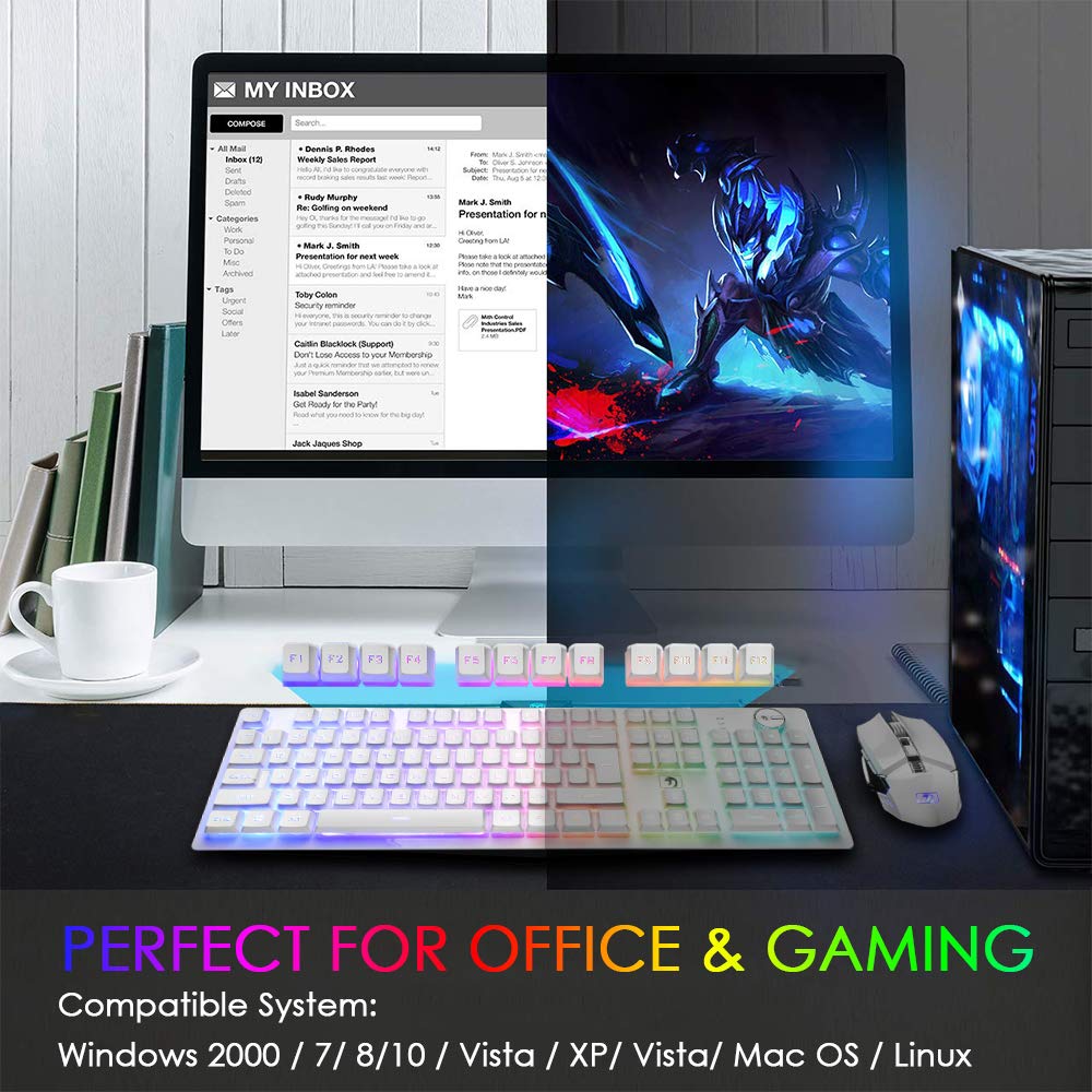 FELiCON x MAMBASNAKE K620 Tastiera da Gioco Wireless e Mouse Combo, Ricaricabile 4800mAh Semi-Mechanical Gaming Keyboard, 16 RGB Illuminato, QWERTY+2400 DPI 2.4G Wireless Gaming Mice per PC Mac-Bianco
