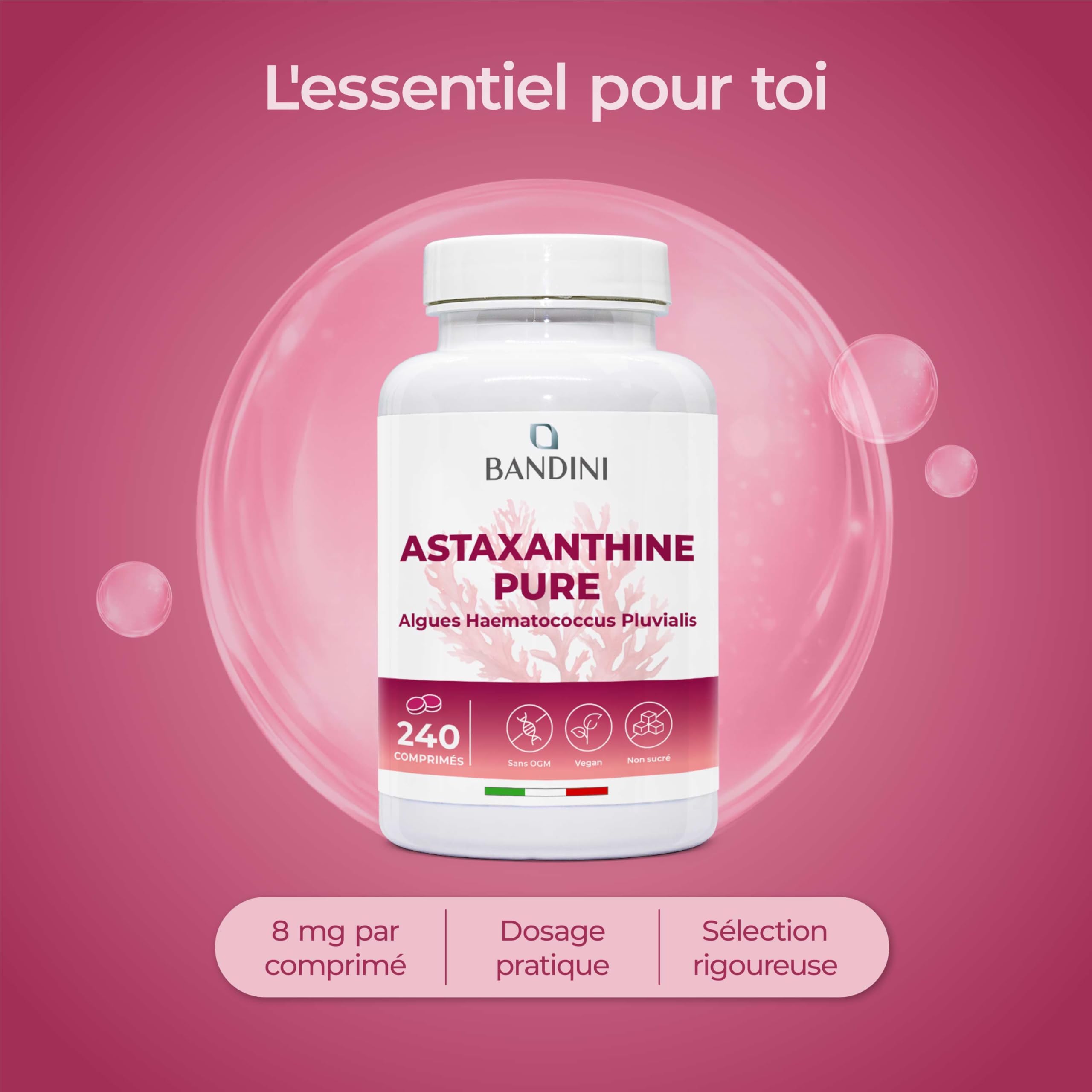 Bandini® Astaxanthine 240 comprimés (8 mois) | Pure 8 mg d'Algue Marine Haematococcus Pluvialis | Concentration & Biodisponibilité Élevées | Antioxydant naturel puissant | Sans Additifs, 100% vegan