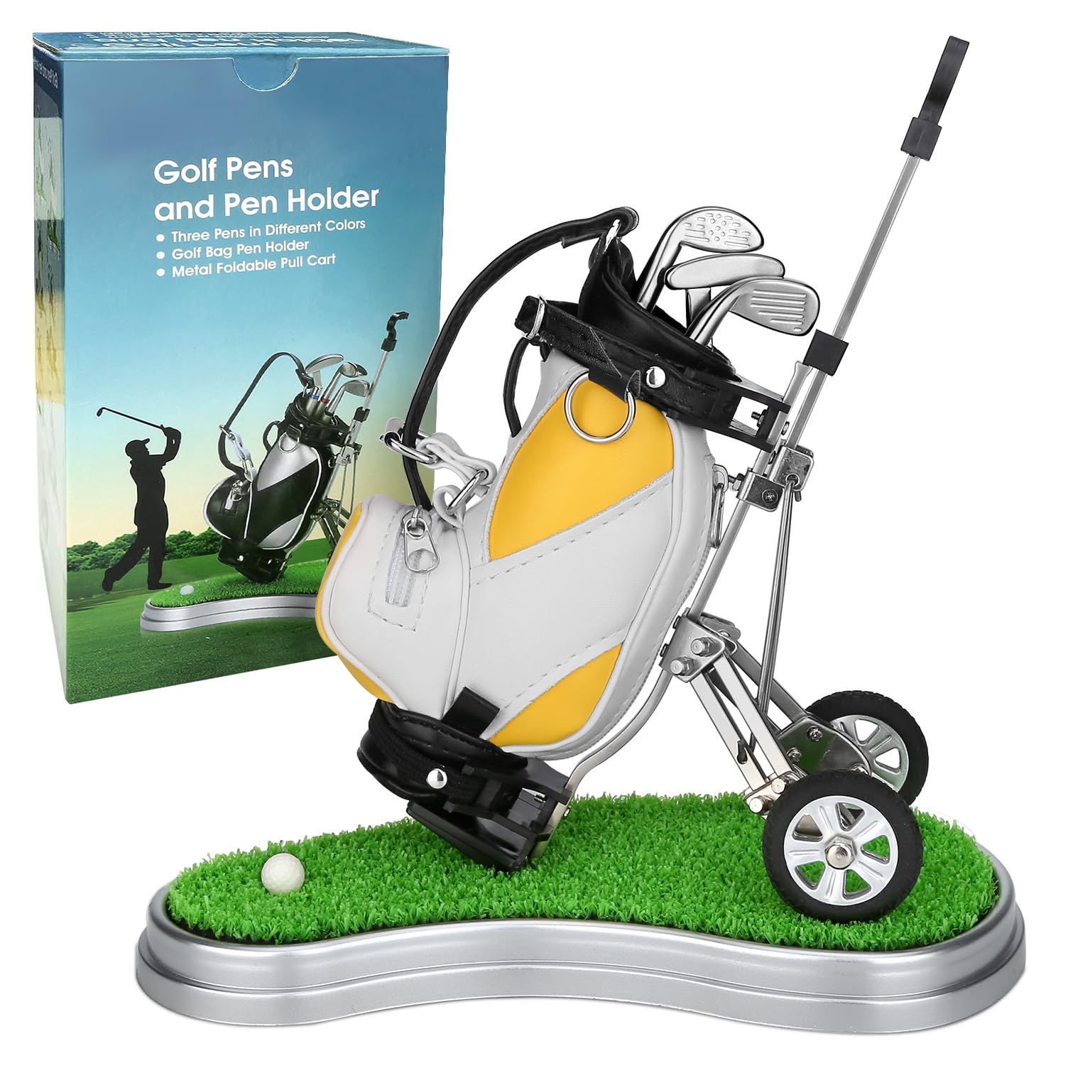 10L0L Golf Pen Holder 3 Club Pens & Movable Cart, Mini Golf Bag Desk Decor for Office, Funny Gifts for Men, Dad, Boss Stocking Stuffers for Golfers on Birthday, Christmas, Fathers Day (Yellow)