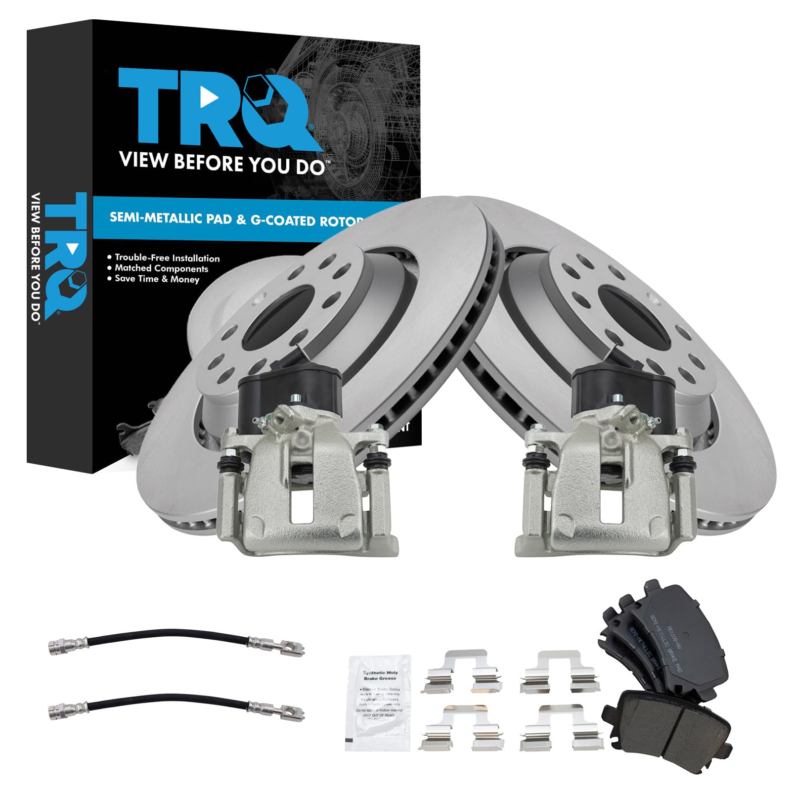 TRQ Rear Brake Pad and Rotor Set Semi Metallic Coated Rotors Calipers Compatible with 2010-2016 Volkswagen CC