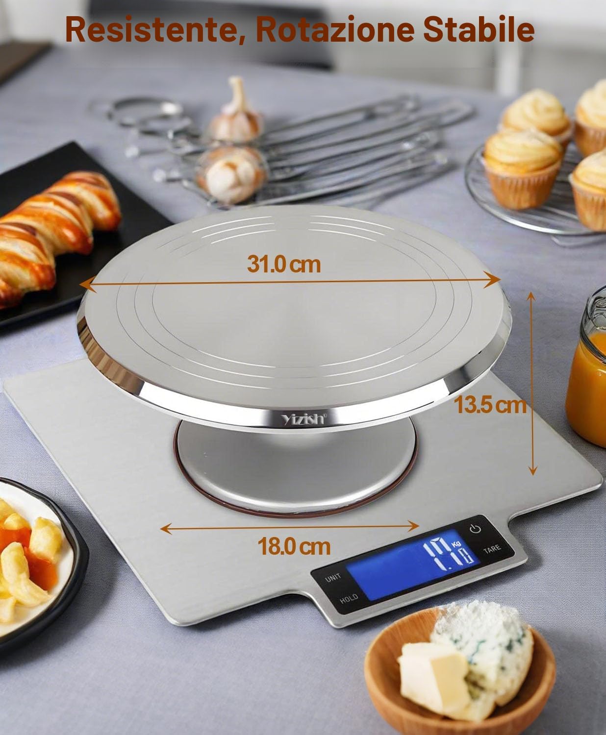 Yizish Piatto Girevole per Torte, Set Decorazioni Torte Pasticceria in lega di alluminio, alzata per dolci con 2 spatola in acciaio inox e 3 piastra in glassa per la cottura in cucina e feste