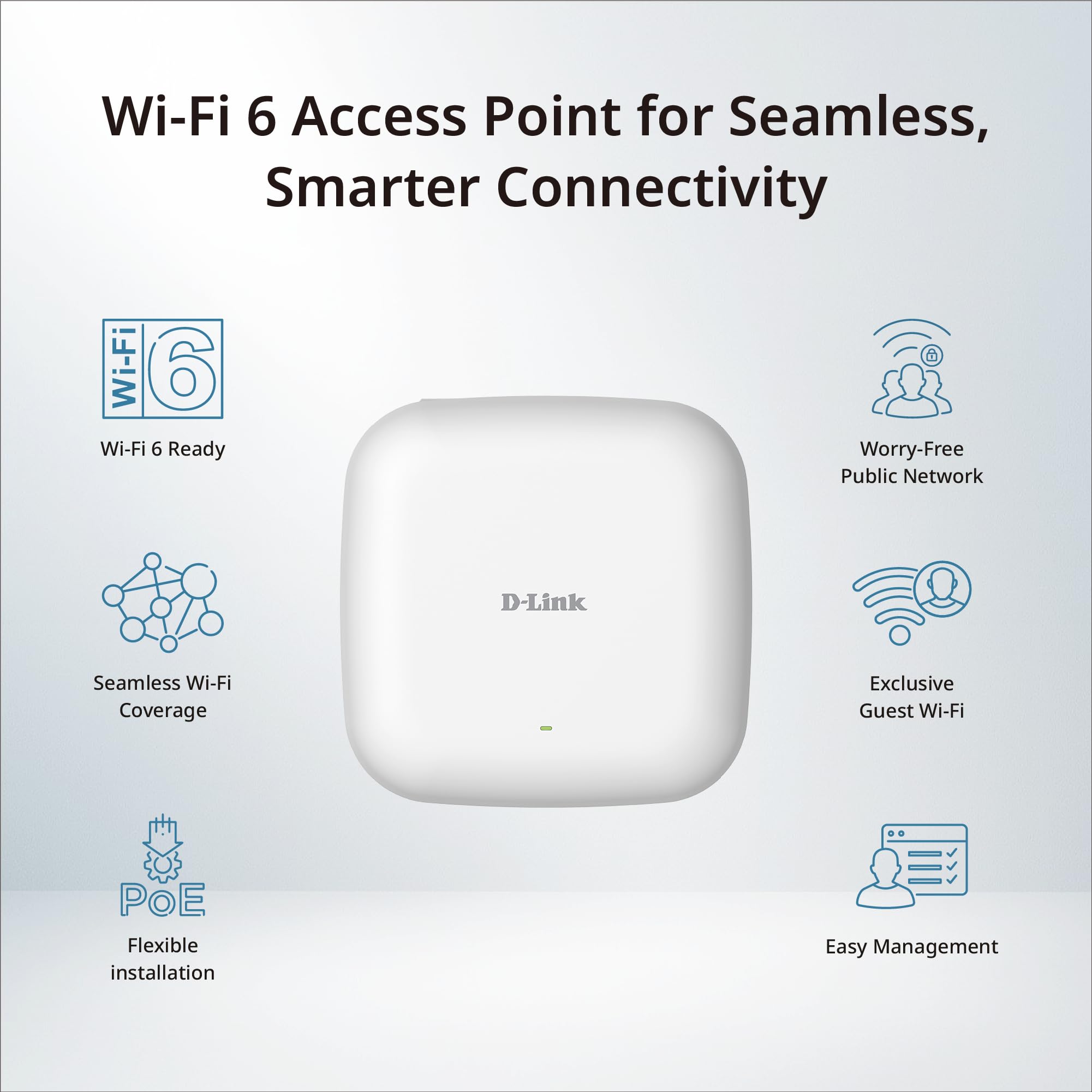 D-Link DBR-X3000-AP AX3000 Wi-Fi 6 Smart Access Point – Doble Banda 574+2402 Mbps, PoE, MU-MIMO, Seguridad WPA3, Gestión Centralizada, Portal Cautivo, Punto de Acceso Wi-Fi Profesional