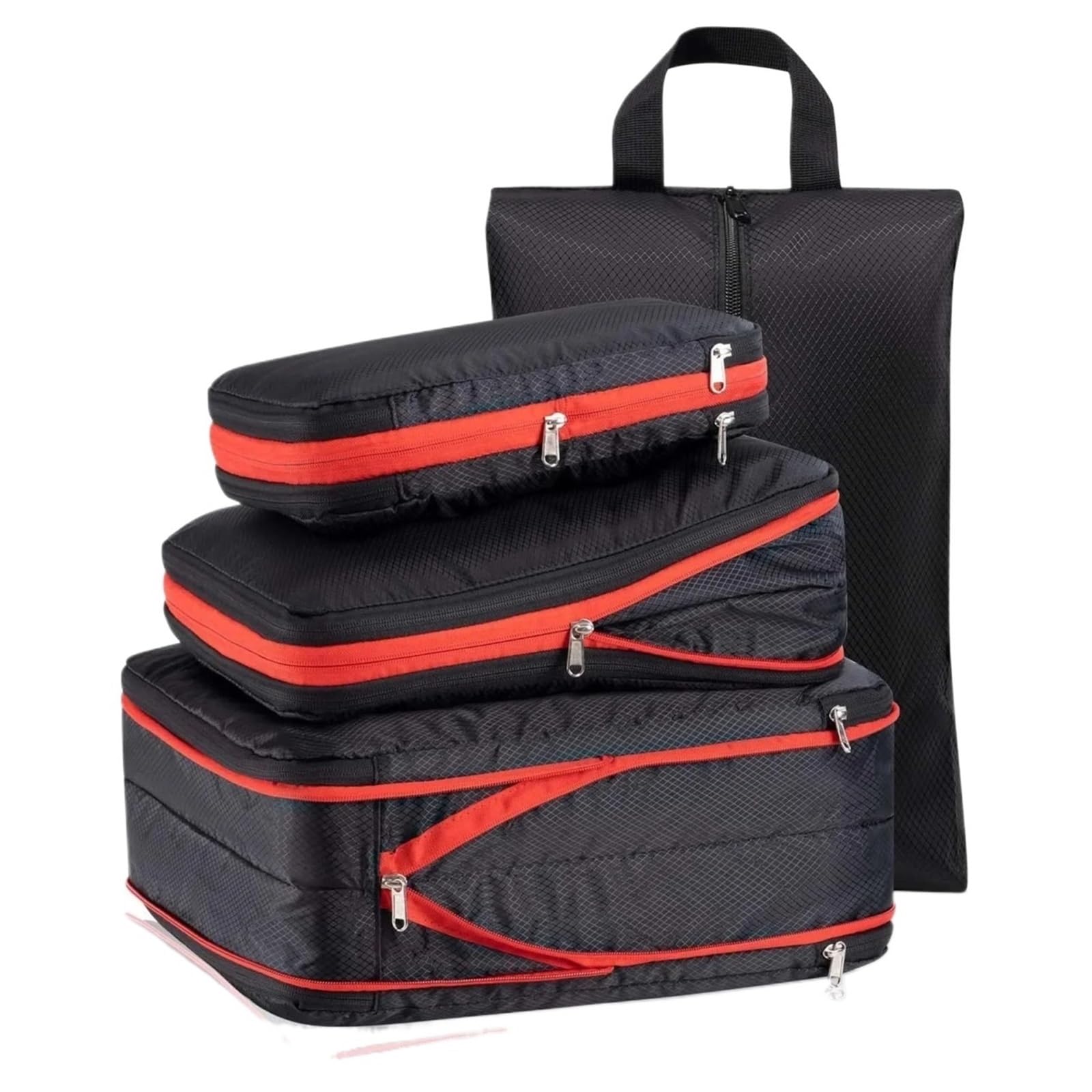Travel Bag Double-layer Compression Packing Cubes Accessories Organizer Luggage Portable Folding Suitcase Shoe Storage Pouch for Suitcases(Total 4PCS Black)
