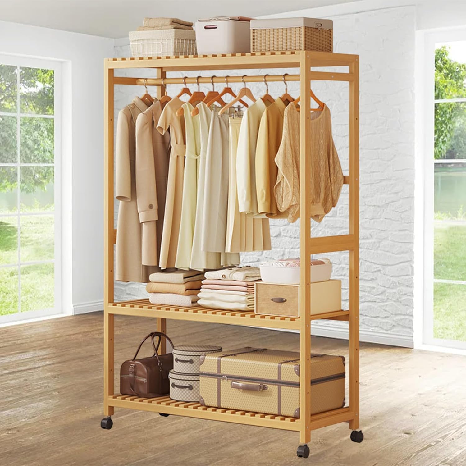 FGXHHS Bamboo Clothes Rail Rack with Wheels, Open Wardrobe Closet 3 Tiers Storage Shelves, Free Standing Garment Organiser for Bedroom (83X34X160CM)