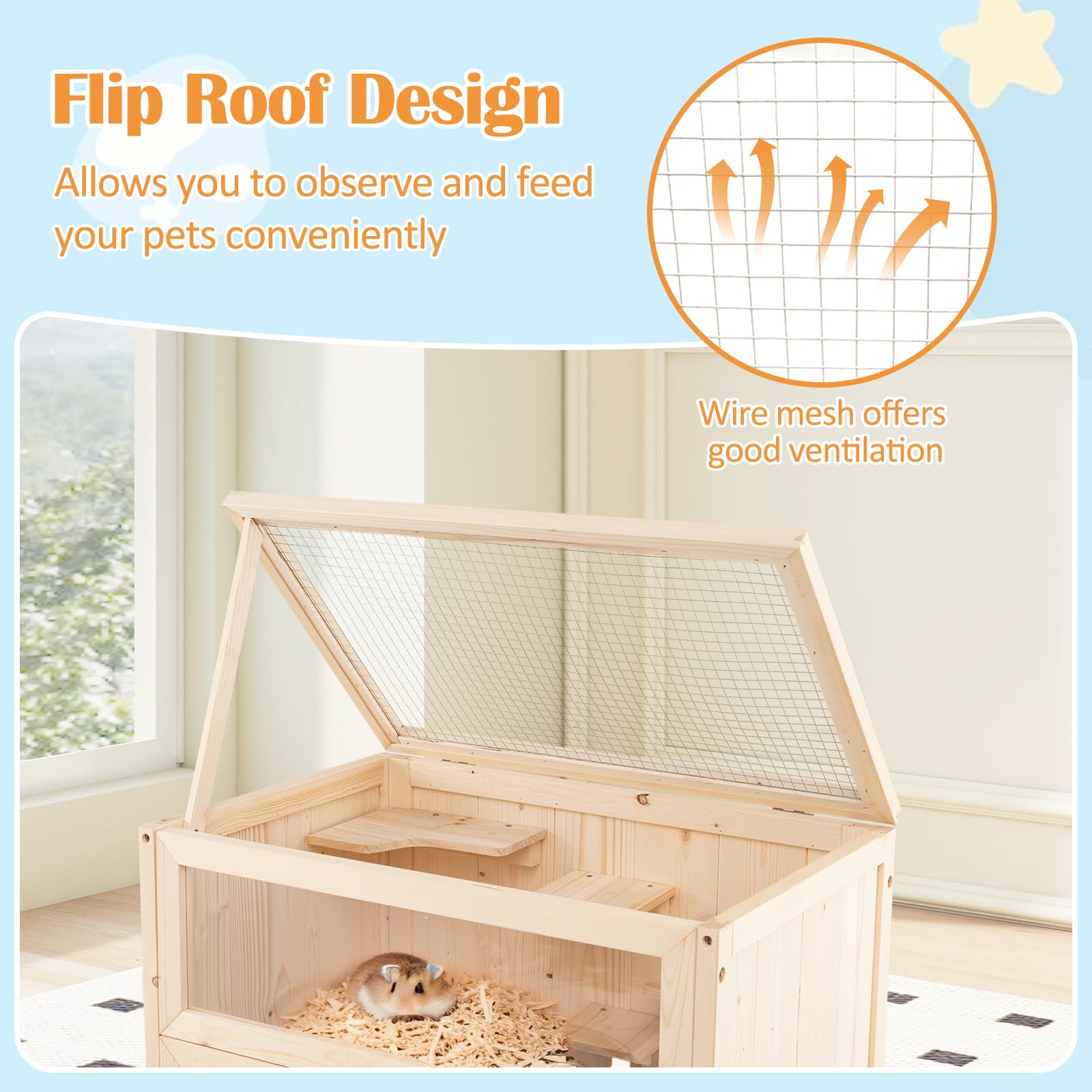 COSTWAY Jaula para Hámster de Madera, Hábitat con Techo Abatible de Malla, Puerta de Acrílico Bloqueable, Estante Inferior, Escaleras y Plataformas, Espacio Amplio para Animales Pequeños, Interior
