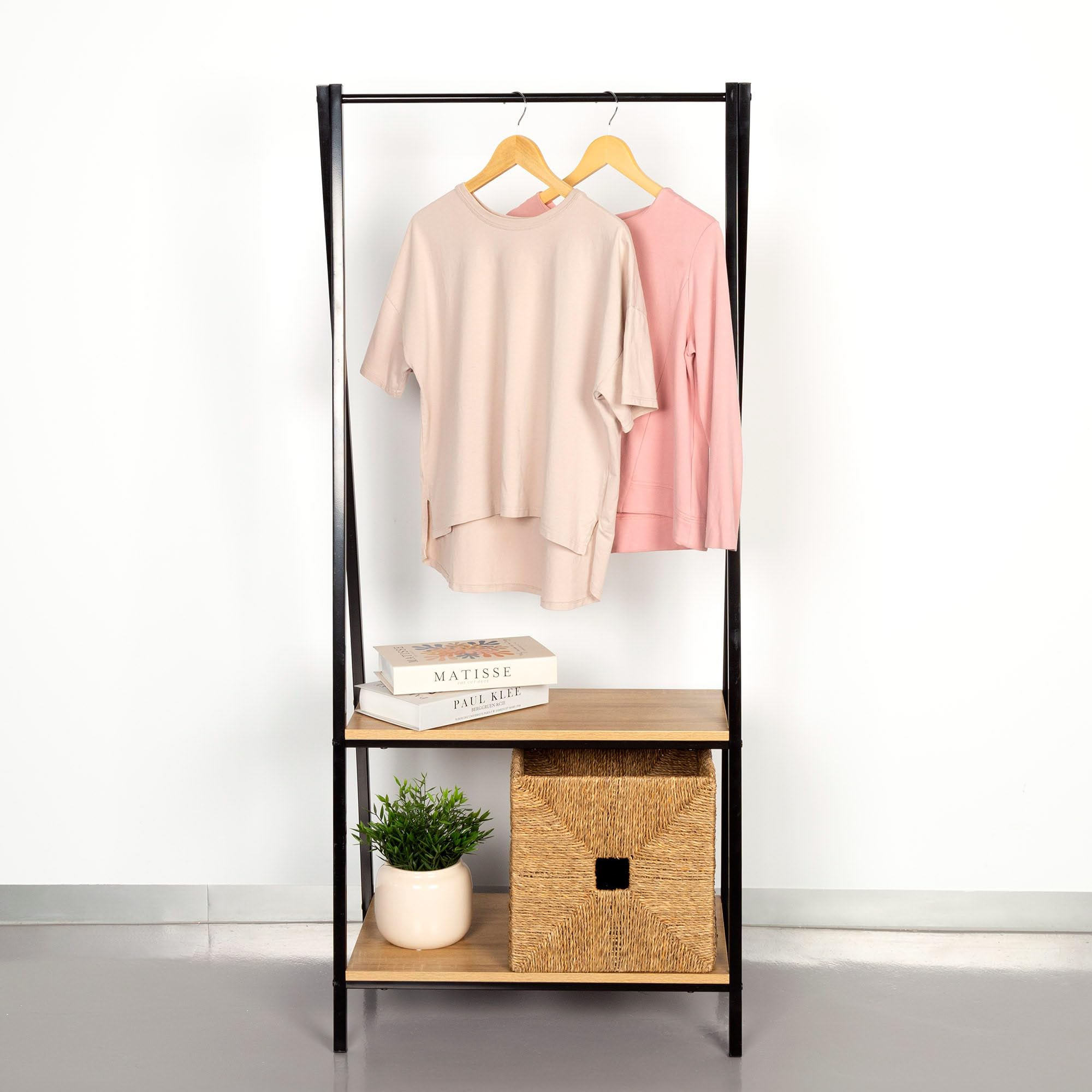 AKTIVE 18430 MAX Home Burro Ropa, Perchero de pie y Zapatero Entrada recibidor, 2 estantes de Almacenamiento, 64 x 40 x 150 cm, Industrial, Armario Abierto