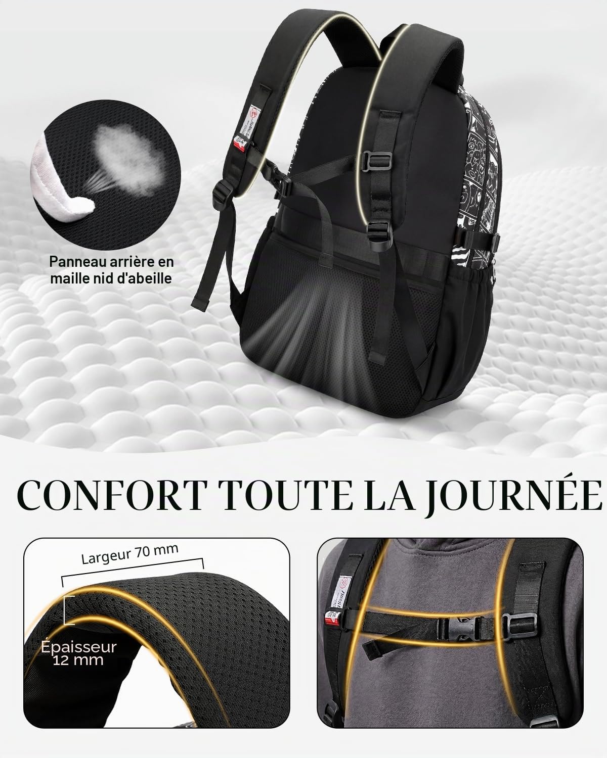 Sac à Dos pour Garçons Adolescents, Grand Cartable Noir pour le Lycée avec Imprimé Graffiti, Sac College Garcon Décontracté et Imperméable pour les Voyages