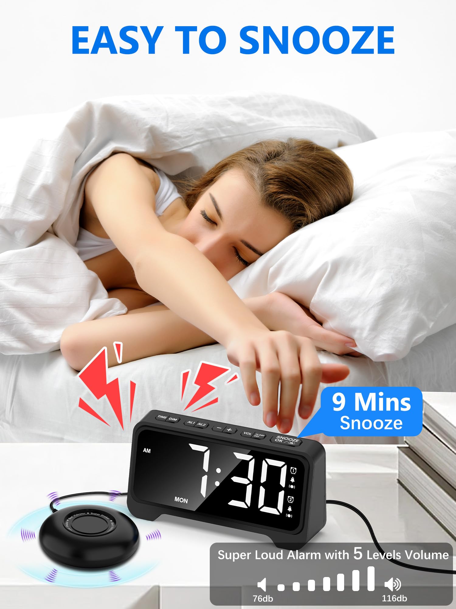 Sveglia con Vibrazione, Sveglia Potente Forte per Sordi, Orologio da Tavolo con Luce Notturna, Porta USB, Ampio Display, Luminosità Regolabile, 2 Allarmi, Plug-in Orologio Digitale da Camera, 12/24h