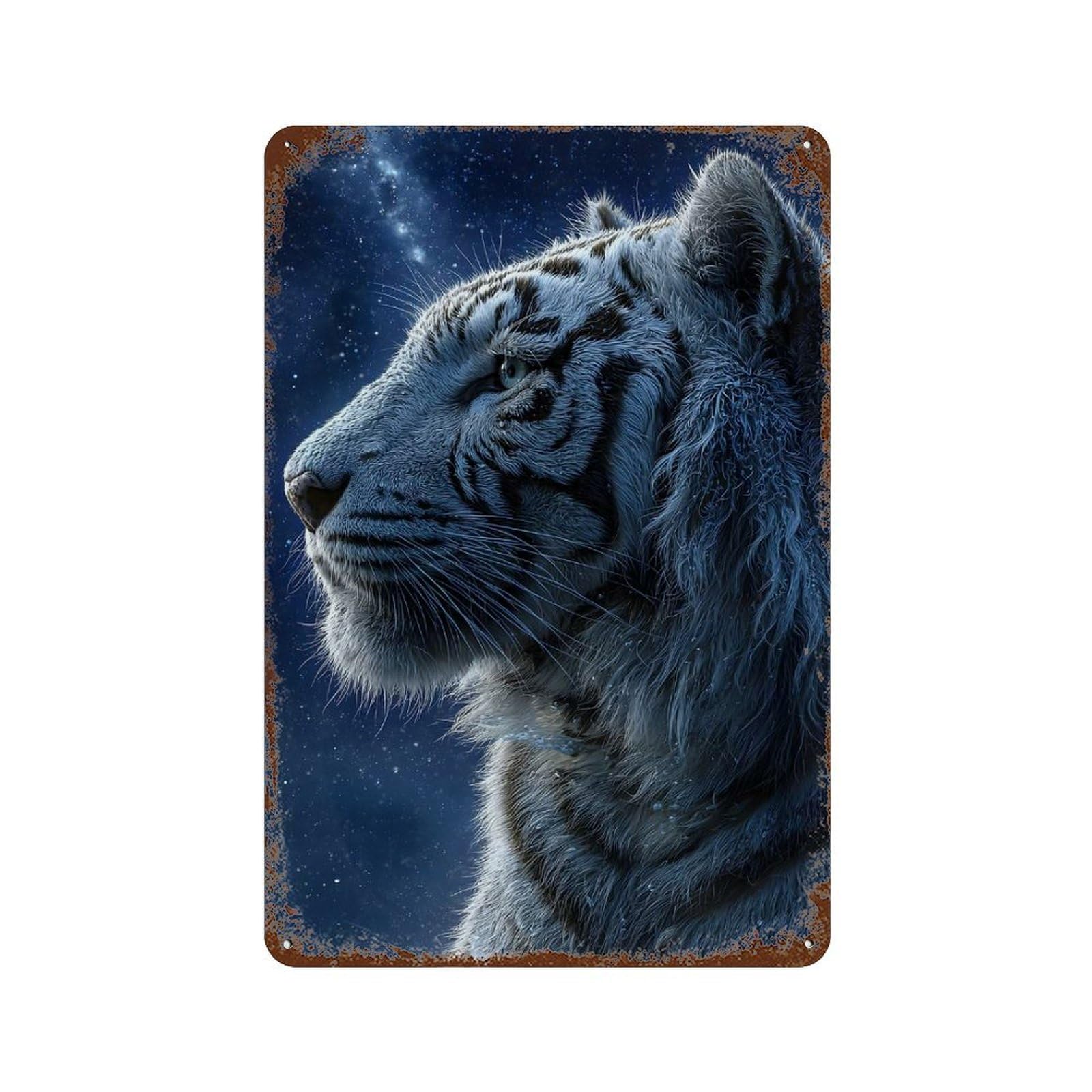 White Tiger Portrait Under Starry Sky Weathered Tin Sign 11.8"x7.9", Retro Wall Decor for Pub, Kitchen And Man Cave Decor