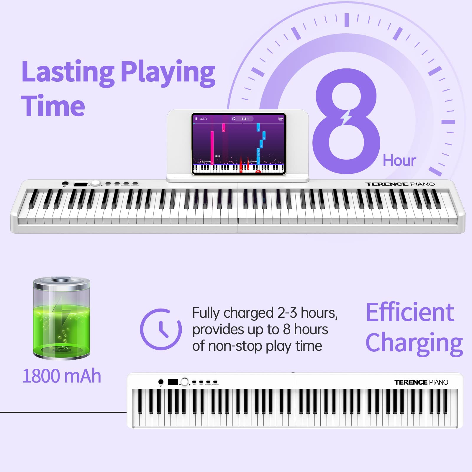 TERENCE Pliable Piano Numérique avec 88 Touches semi-lestées et Batterie de 1800mAh et interface USB MIDI support de partitions Bluetooth Sacs pour Clavier Câble audio Casque Pédale de sustain Blanc
