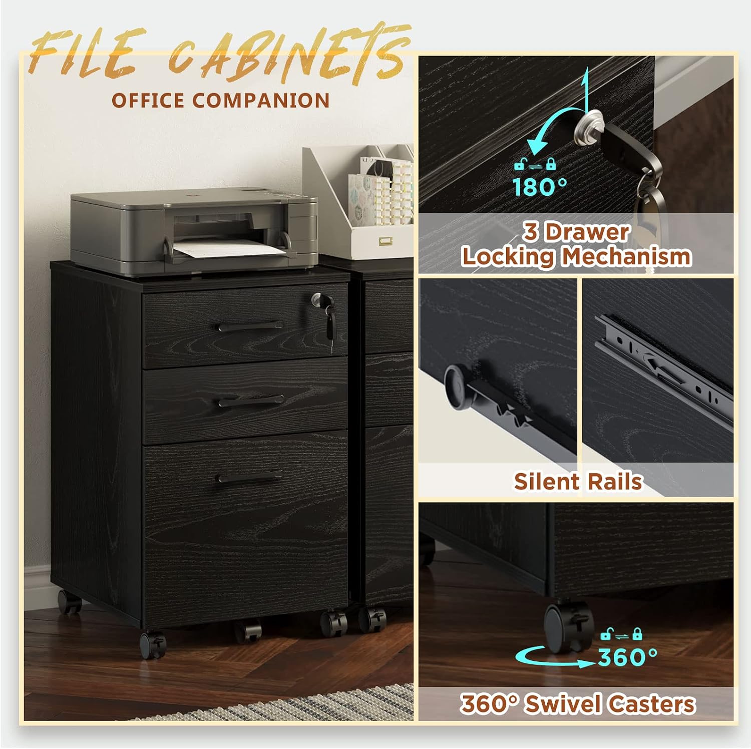 Rolanstar File Cabinet 3 Drawers with 1 Lock, Rolling Mobile Filing Cabinet, Under Desk File Cabinet with 5 Wheels and Hanging File Folders, for Letter Sized Documents, Black