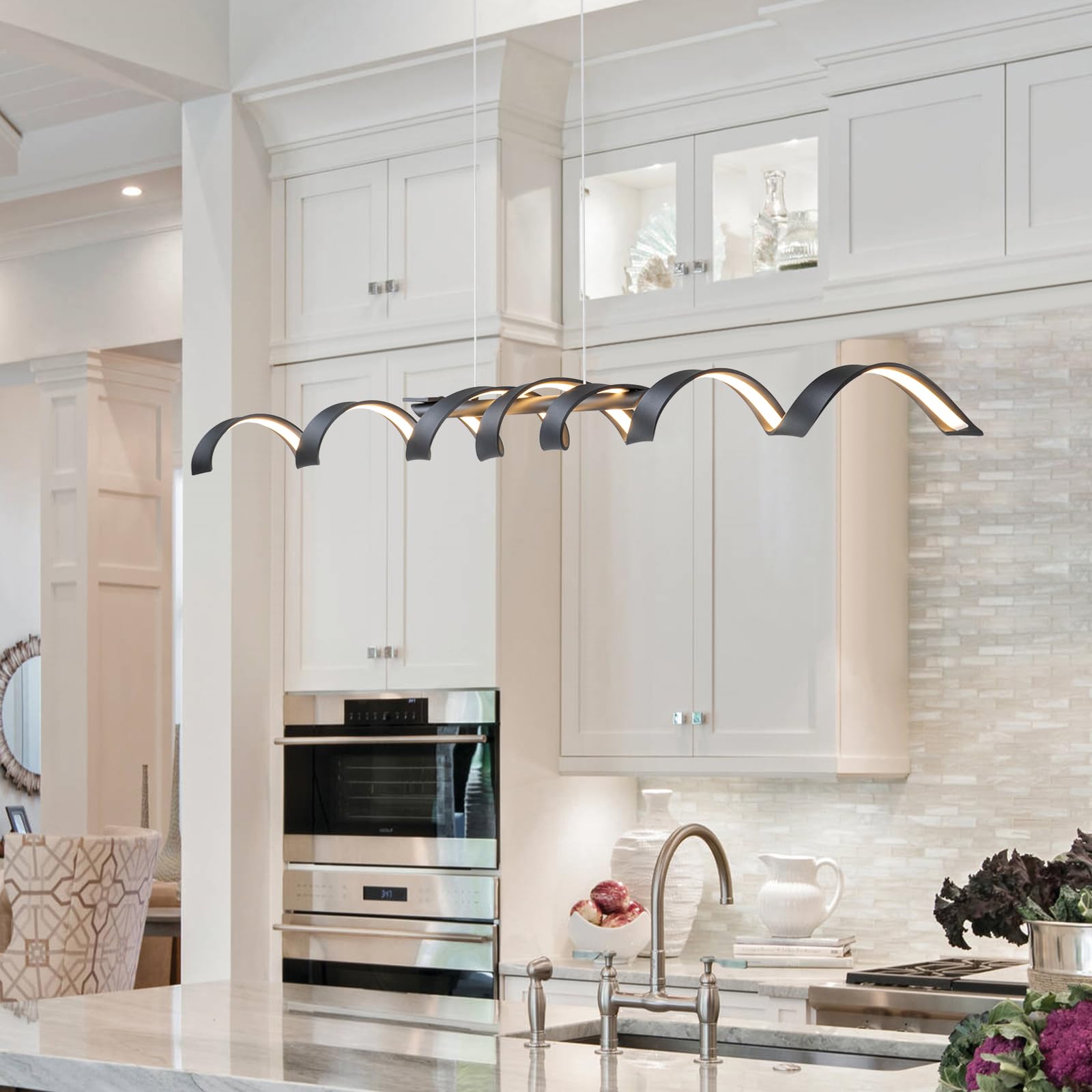 Photo 1 of HUOKU Modern LED Linear Pendant Light, 48inch Dimmable Kitchen Island Lighting with Adjustable Height, 35W Aluminum LED Chandeliers for Dining Room Living Room Pool Table Bar 3000K Black