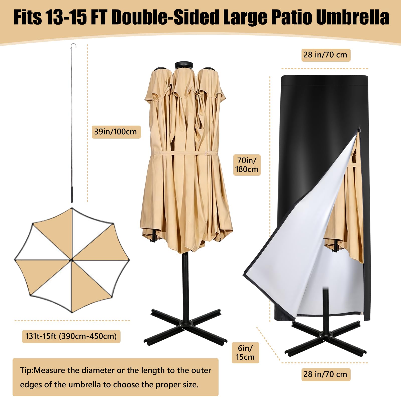 Copertura per ombrellone da patio, 600D, impermeabile, antivento, per esterni, adatta a 4-4,6 m, con cerniera e asta, protezione per tutte le stagioni per patio, giardino, ombrelloni da terrazza