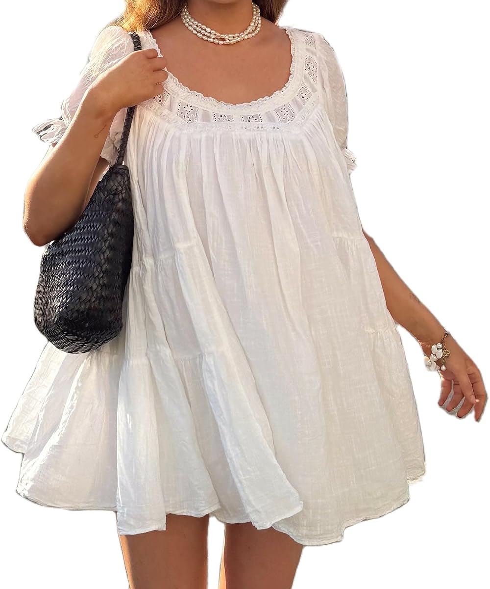 Minivestido babydoll con mangas abullonadas para mujer Vestido fluido con volantes y ribete de encaje Y2K | Vestidos sueltos con ojales de verano, lindos vestidos con pajarita para salir, vestido veraniego informal bohemio para vacaciones en la playa, vestido veraniego corto acampanado