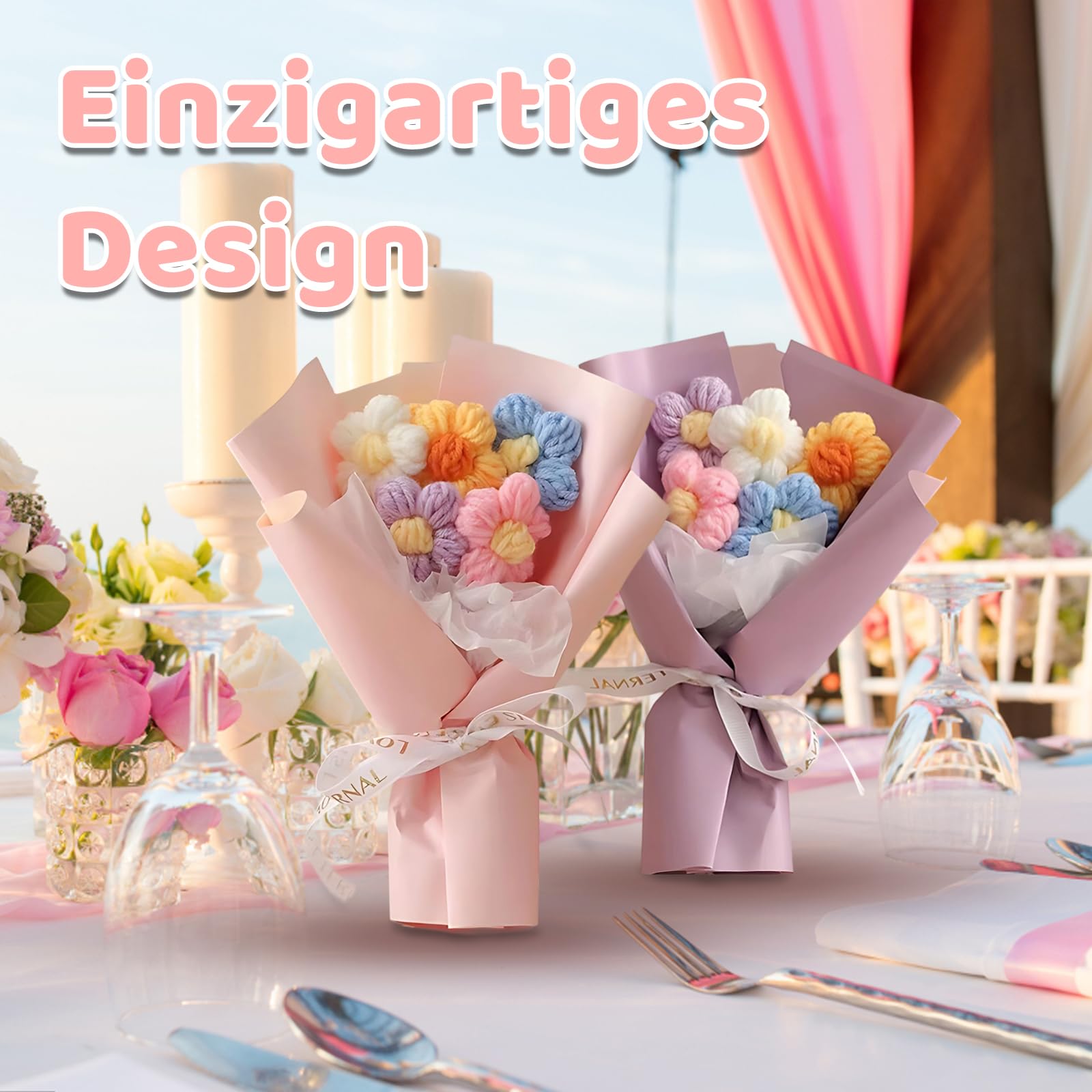 2 Strauße Künstliche Blumen - Handgehäkelte Blumensträuße Für Heimdekoration