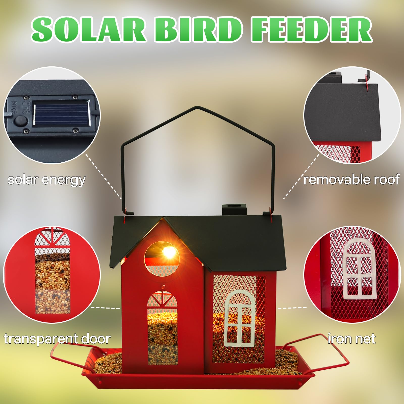Comedero solar para pájaros para exteriores, comedero colgante de metal rojo con luz solar, comedero decorativo para cardenales, pinzones y pájaros silvestres, decoración de jardín y patio trasero