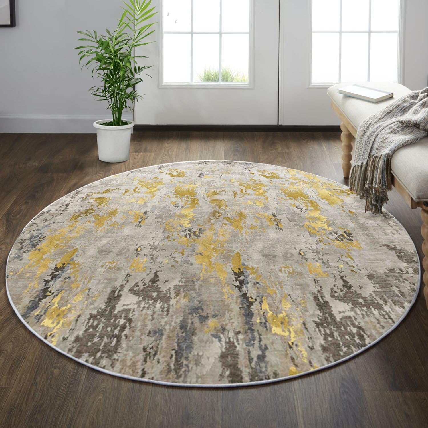 vivorug Washable Rug, Ultra Soft - 4' Round Rug, Non Slip Abstract Rug Foldable, Stain Resistant Rugs for Living Room Bedroom, Modern Fuzzy Rug (Grey/Gold/Navy, 4 Round) Grey/Gold/Navy Round 4ft