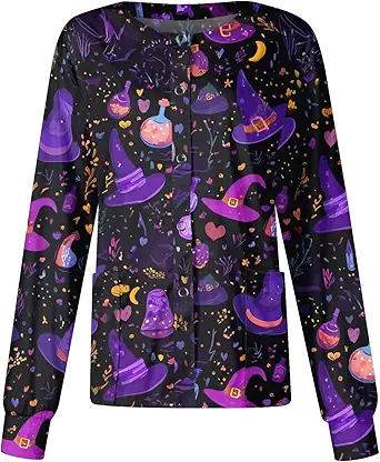 Printed Scrub Jackets for Woman Print Long Sleeve Plus Size Womens Scrubs for Women Nursing Jacket with Pockets