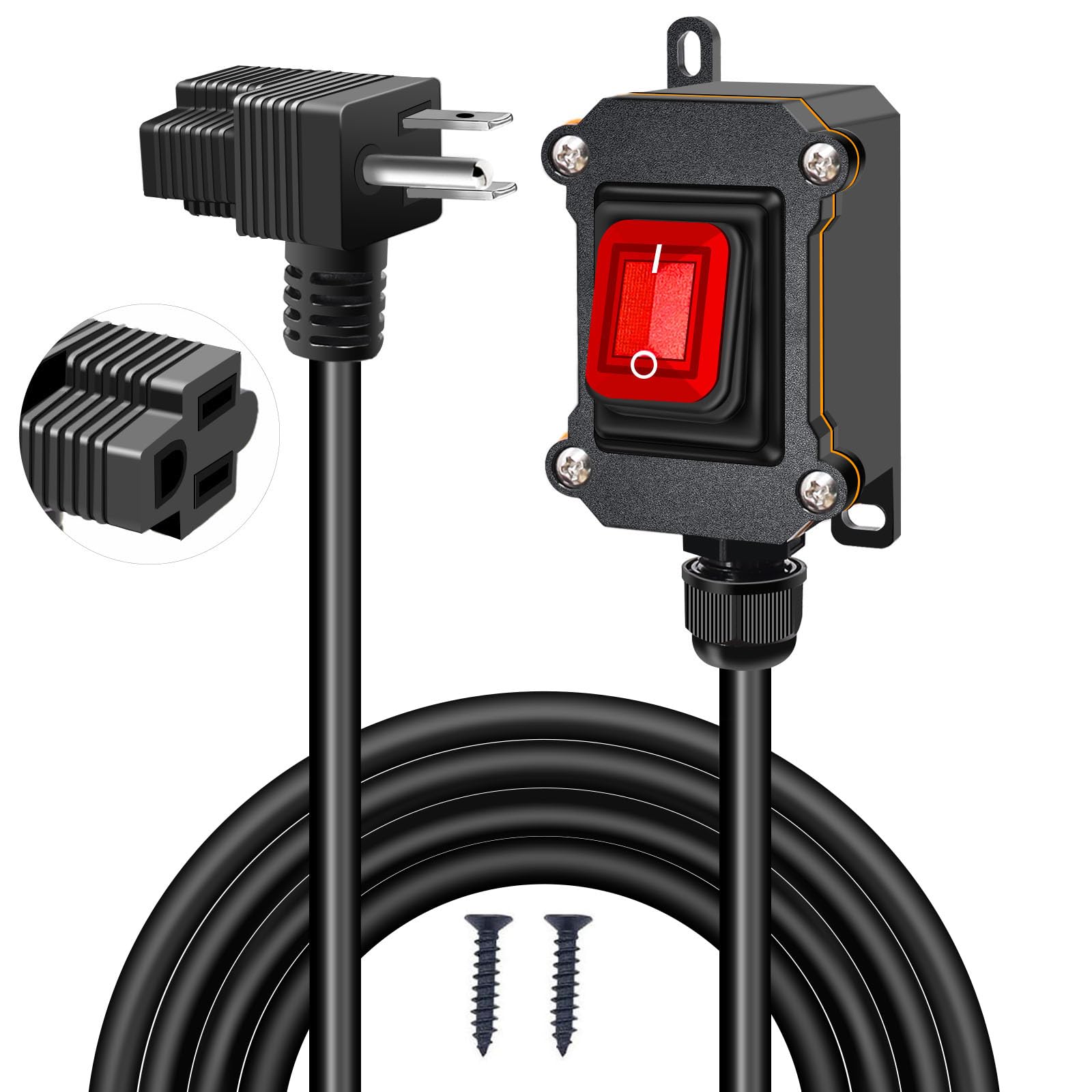 weideer Heavy Duty Extension Cord with IP67 Waterproof Switch On/Off, 10FT 18AWG Cable Piggyback 3pin Plug, Red LED 20A 250V Inline Cord Switch K-184-