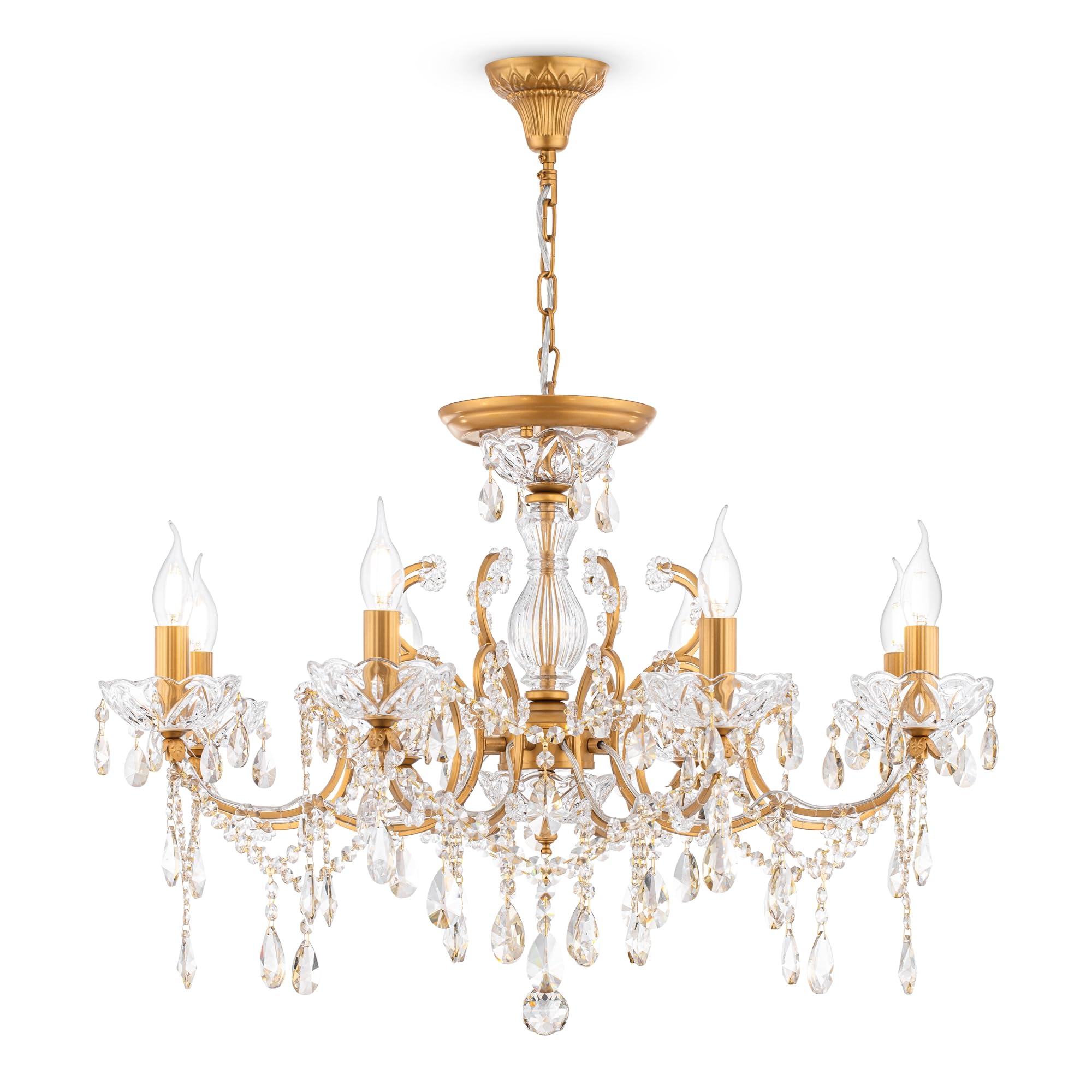 Royal Classic Empire Candle Style Chandelier Gold Metal Frame Glass Deco Real Crystal Pendants excl. 8 Bulbs x E14 60W