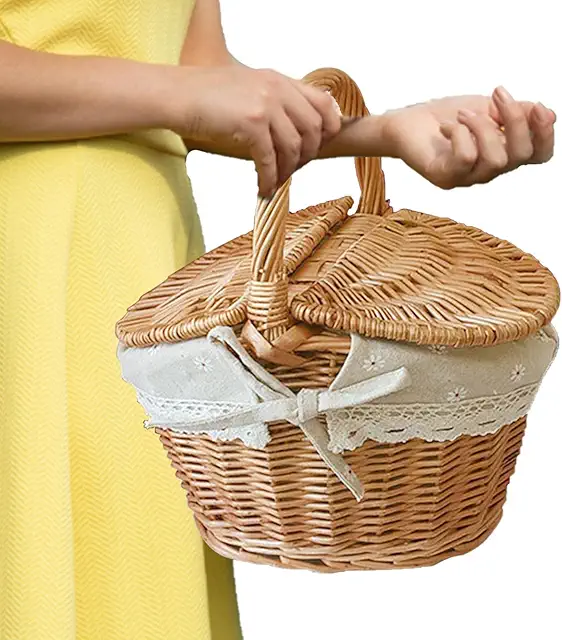 Cestino da Picnic in Rattan Intrecciato a Mano con Doppio Coperchio e Coperta