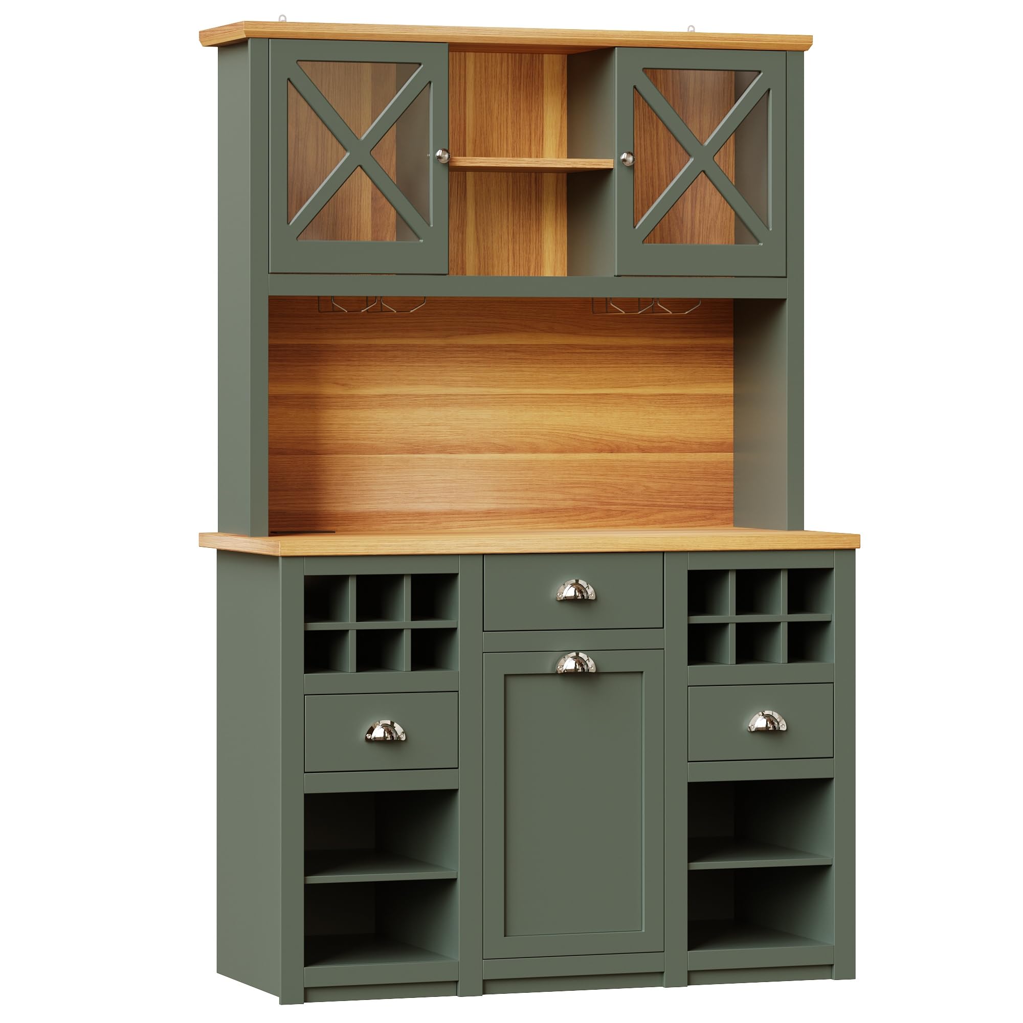 Hohe Küchenschränke (120 x 45 x 188 cm), Sideboards, mit Glastüren und LED-Beleuchtung, Beistellschrank mit Weinregal, Verstellbare Regalböden, Grün
