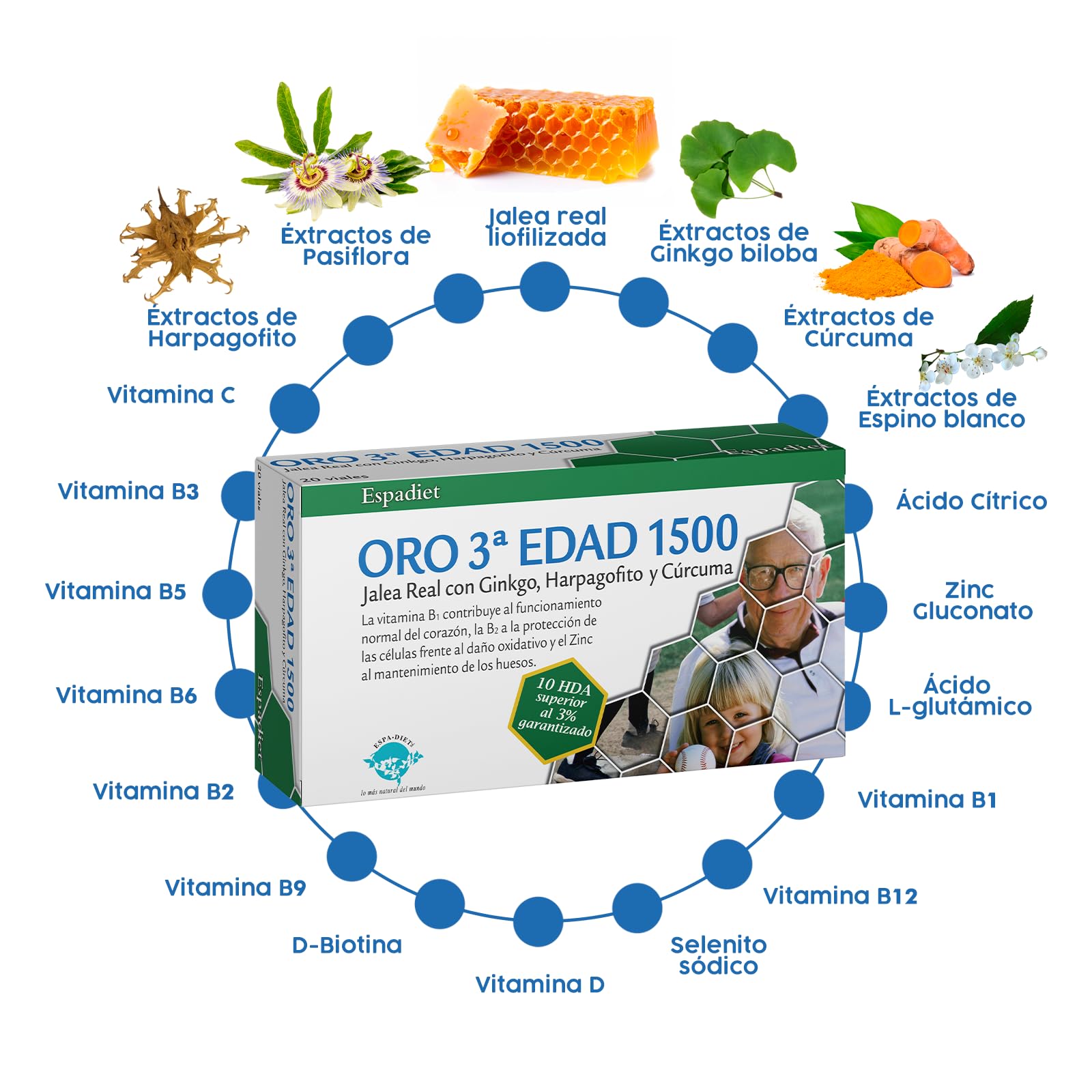 Espadiet Jalea oro 3ra edad 1500– Con Gingko Biloba, Harpagofito, Cúrcuma, Zinc Vitaminas C, del Complejo B y D – Salud del Corazón, Cognitiva, Ósea y Antioxidante – 20 viales de 10ml