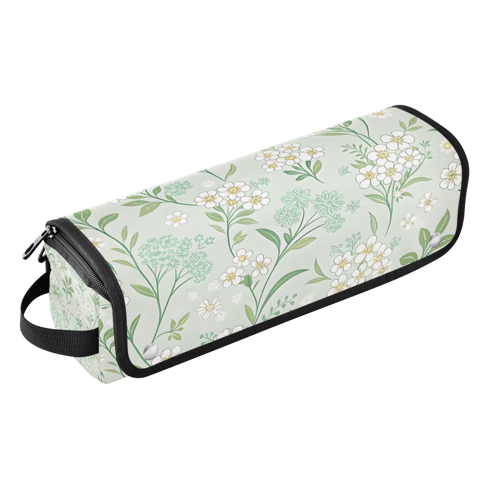 White and Green Floral Hair Tools Travel Bag Portable Hair Accessory Organizer with Heat Resistant Mat 2 in