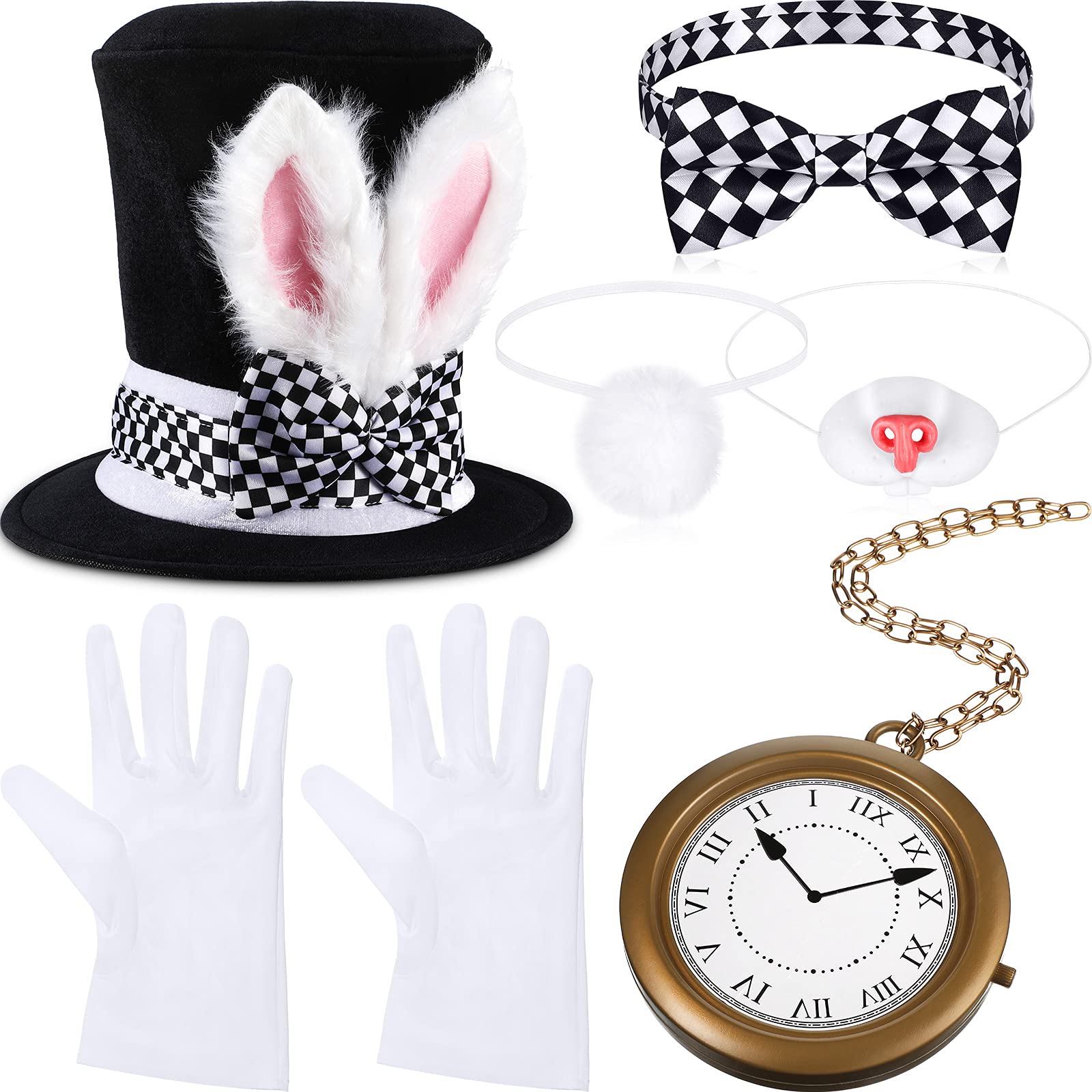 6 Pieces White Rabbit Costume Set Oversized Rabbit Clock Necklace Bunny Nose Bunny Ear Top Hat Bunny Tail Bow Tie Gloves for Easter Halloween Costume Accessory