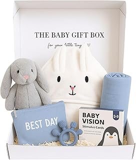 New Baby Gift Basket Set with Adorable Newborn Essentials for Baby Girl and Boy | Quality Baby Shower Gift Baskets with Soft Swaddle Blanket | Cutest Newborn Gift Set, Gift-Ready Packaging (Blue)