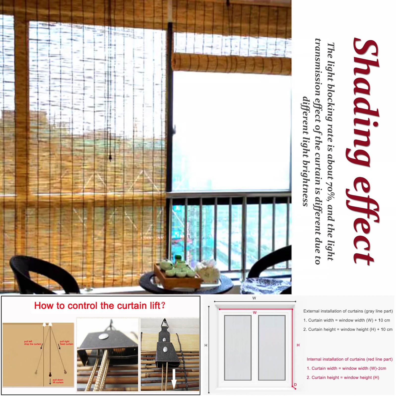Store Enrouleur Bambou Naturel,Rideau de Paille Rétro,Stores à Enroulement Carbonisé,Rideau de Roseau Bambou Respirant avec Releveur,pour Extérieur et Intérieur (165x280cm/65x110in)