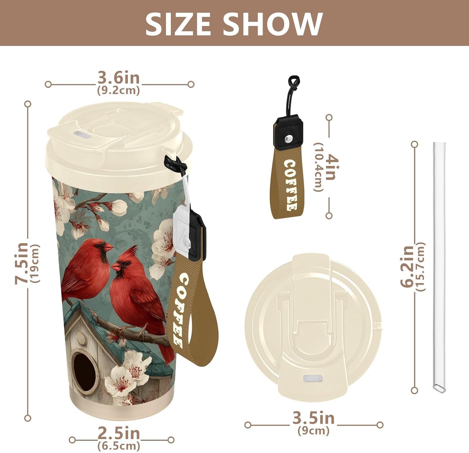 Insulated Coffee Mug Birds Florals Winter with Straw & Flip Lid, 16.9oz Iced Tumbler Cup, Double Wall Vacuum Mug for Travel Office Camping