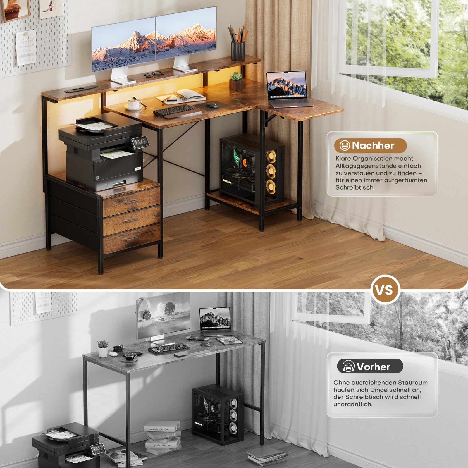 HLONONE Biurko komputerowe z szufladami i diodami LED, 140 x 85 cm, biurko narożne z gniazdkiem, stół komputerowy z miejscem do przechowywania i półką na monitor, do domowego biura, brązowy