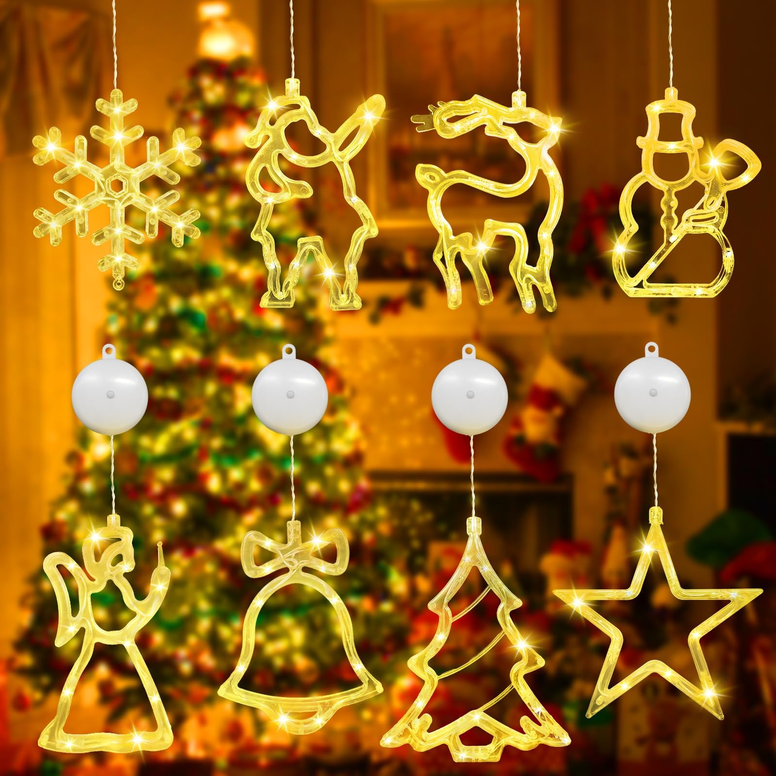 Snarflun 8 PCS LED Luces de Navidad, 10 LED Luces de Ventana con Ventosa, Cortina Luces con Estrella a Pilas,Blanco Calido, Decoración para Interior Exterior Navidad Fiesta Balcón Ventana