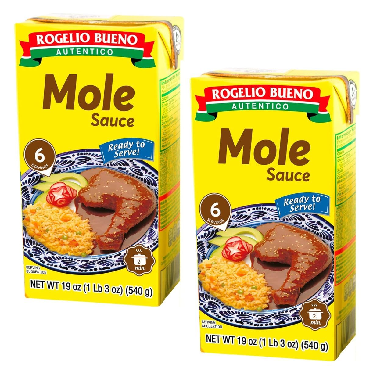Pack de 2 Moles Listo para Servir Rogelio Bueno 540 g c/u Empaque Brick Sabor Tradicional Mexicano