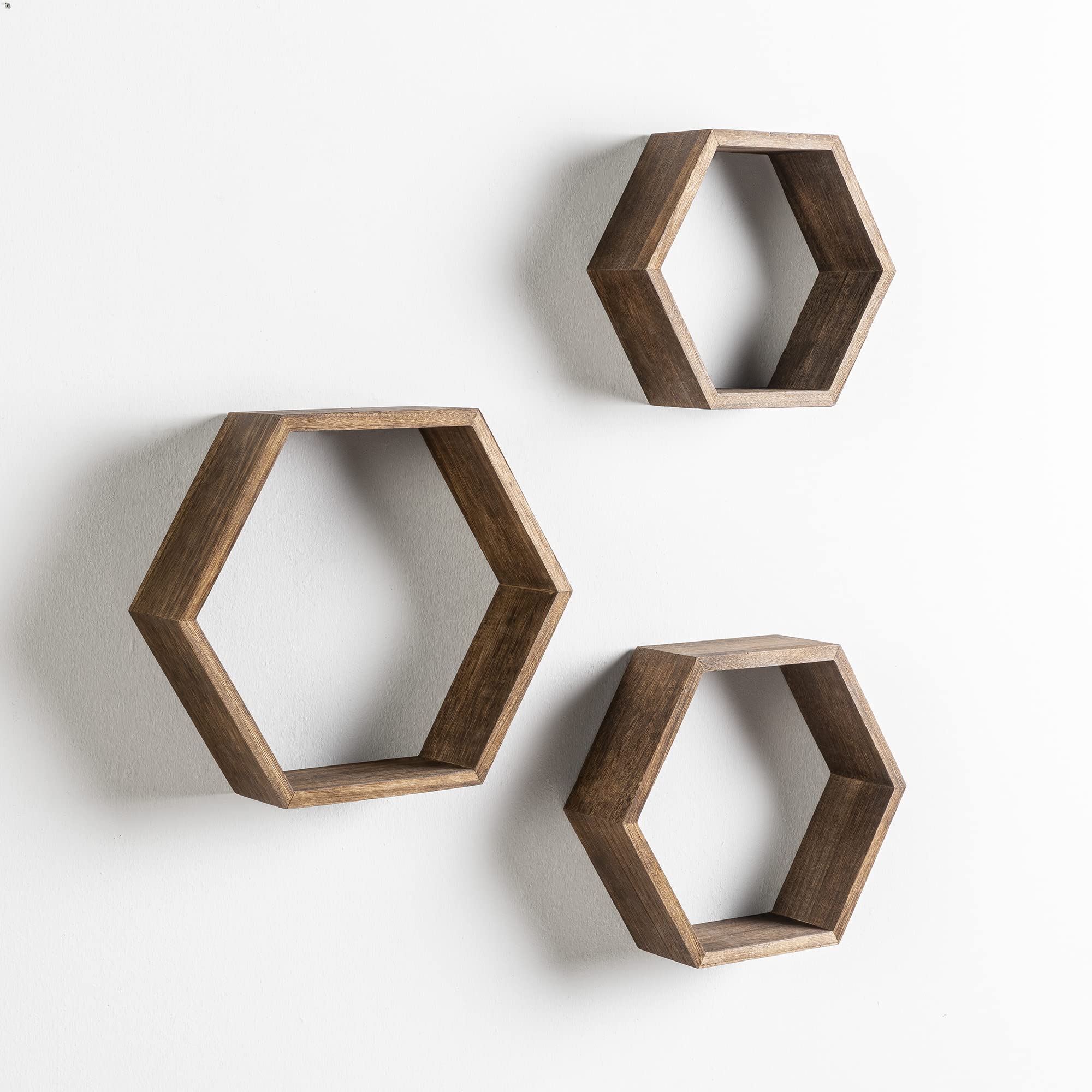 HOMN LIVING Set de 3 Etagères murales Nuno hexagonales, Bois de Paulownia