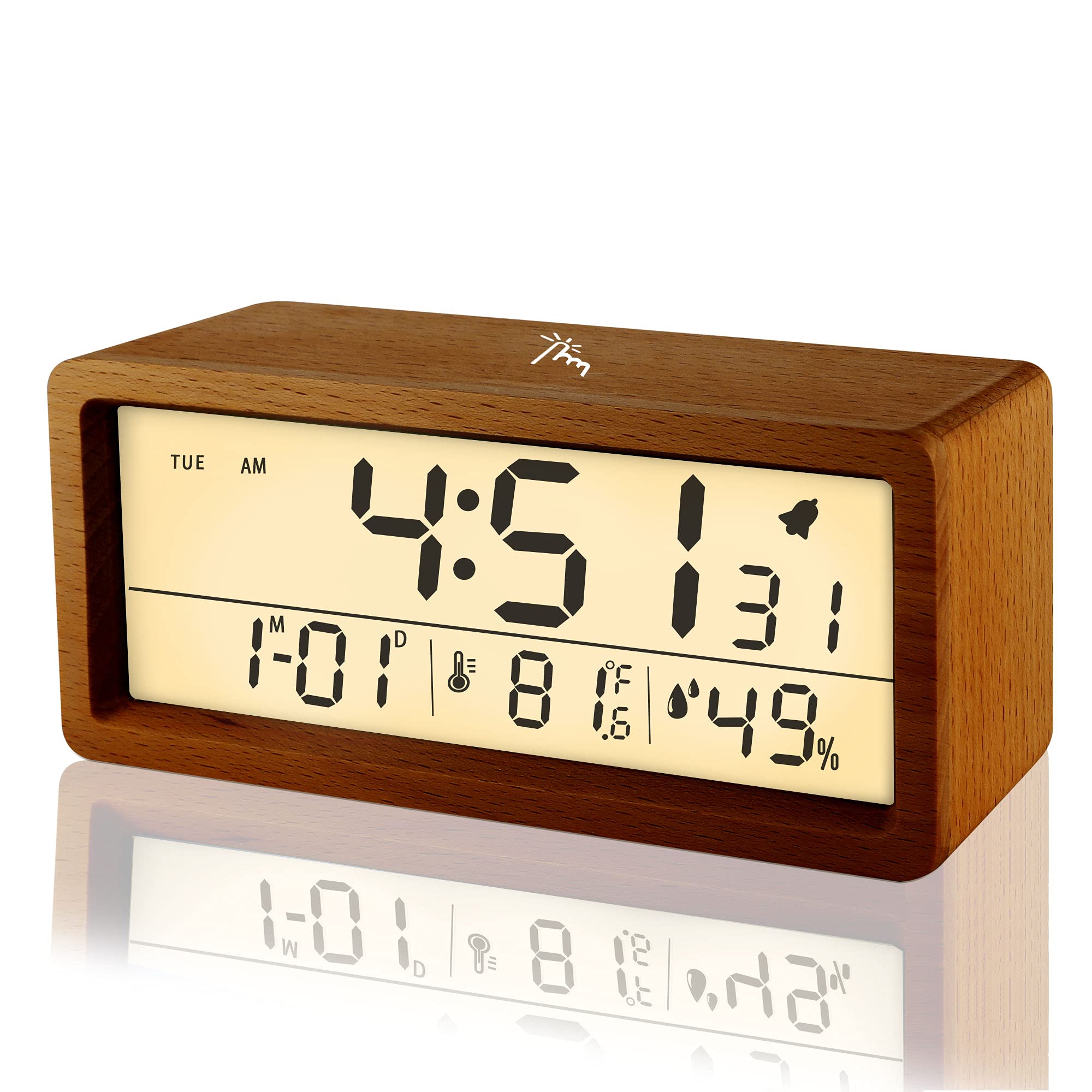PROKING Digital Alarm Clock Bedroom 6.2" Large Display Battery Operated Desk Clock with Snooze Time Date Temperature Humidity for Seniors Teens Easy to Set Wooden Room Decor (Brown with Warm Light)