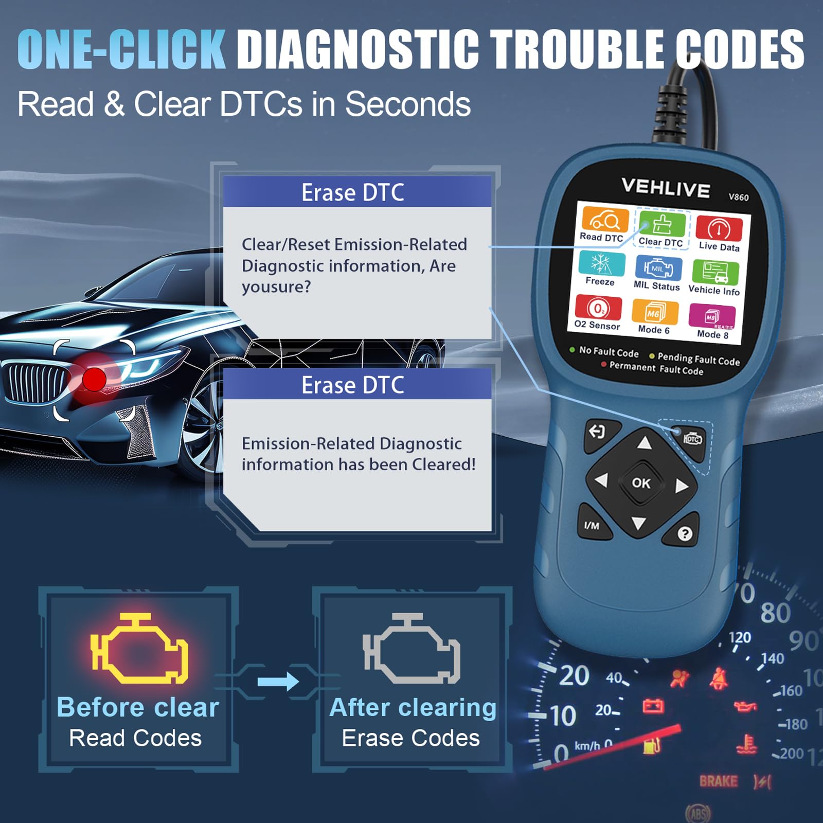 V860 - Scanner diagnostico OBD2 per auto, con stampante, lettore di codice automobilistico e strumento di ripristino, test della batteria, lettore di codici di luce del motore e cancellazione