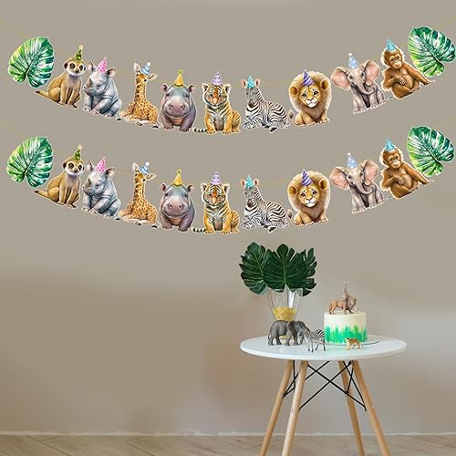 Miniatura 8 de Pancarta de animales de safari, 2 unidades, banderines recortados para fiesta de selva, carteles colgantes con temática de safari, decoraciones de