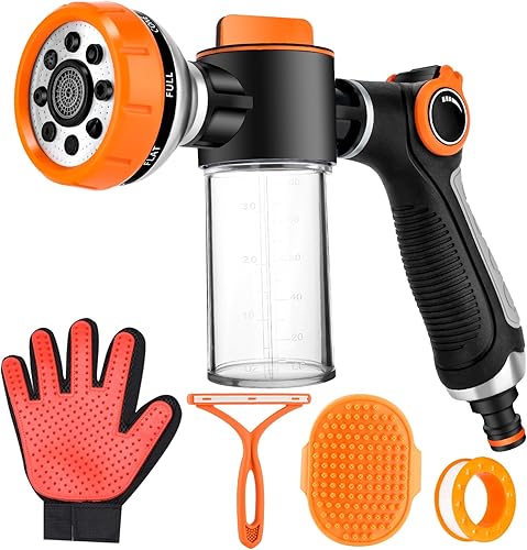 Accesorio de manguera de lavado para perros, 8 patrones de pulverización para perros con dispensador de jabón de 3.5 onzas y 100 cc, guantes de