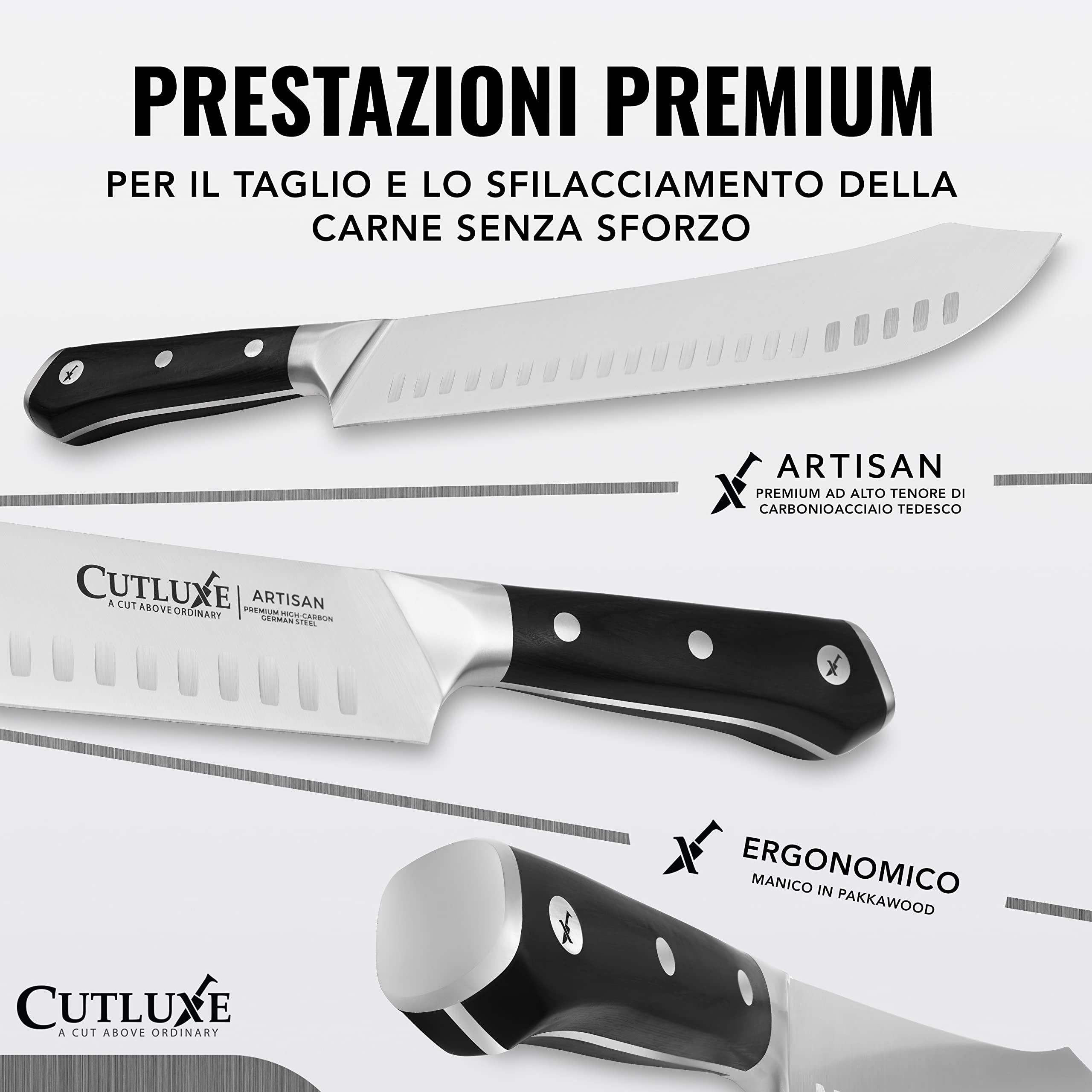 Cutluxe Coltello da Macellaio 25cm, Coltello Bull Nose, Acciaio al Carbonio, Lama Affilata e Resistente, Artisan Series