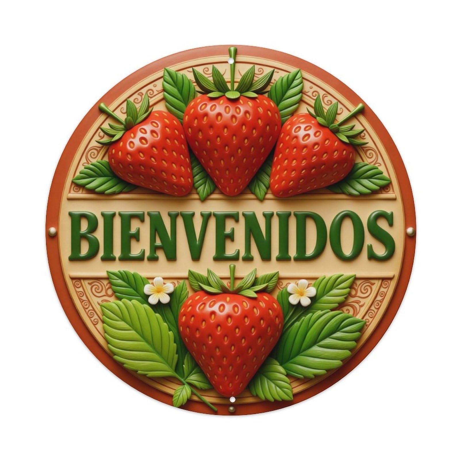 Strawberry Leaves Flowers Welcome Sign Round Metal Tin Sign Vintage Wall Decor, Bar Garage Cafe Kitchen Home Wall Art Poster 8x8inches