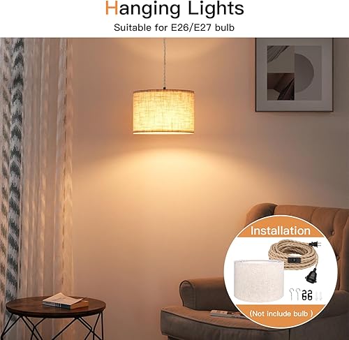 Miniatura 3 de Lámpara colgante enchufable de 16.5 pies, lámpara colgante con pantalla de enchufe, interruptor de cuerda de cáñamo, pantalla de tela de lino beige