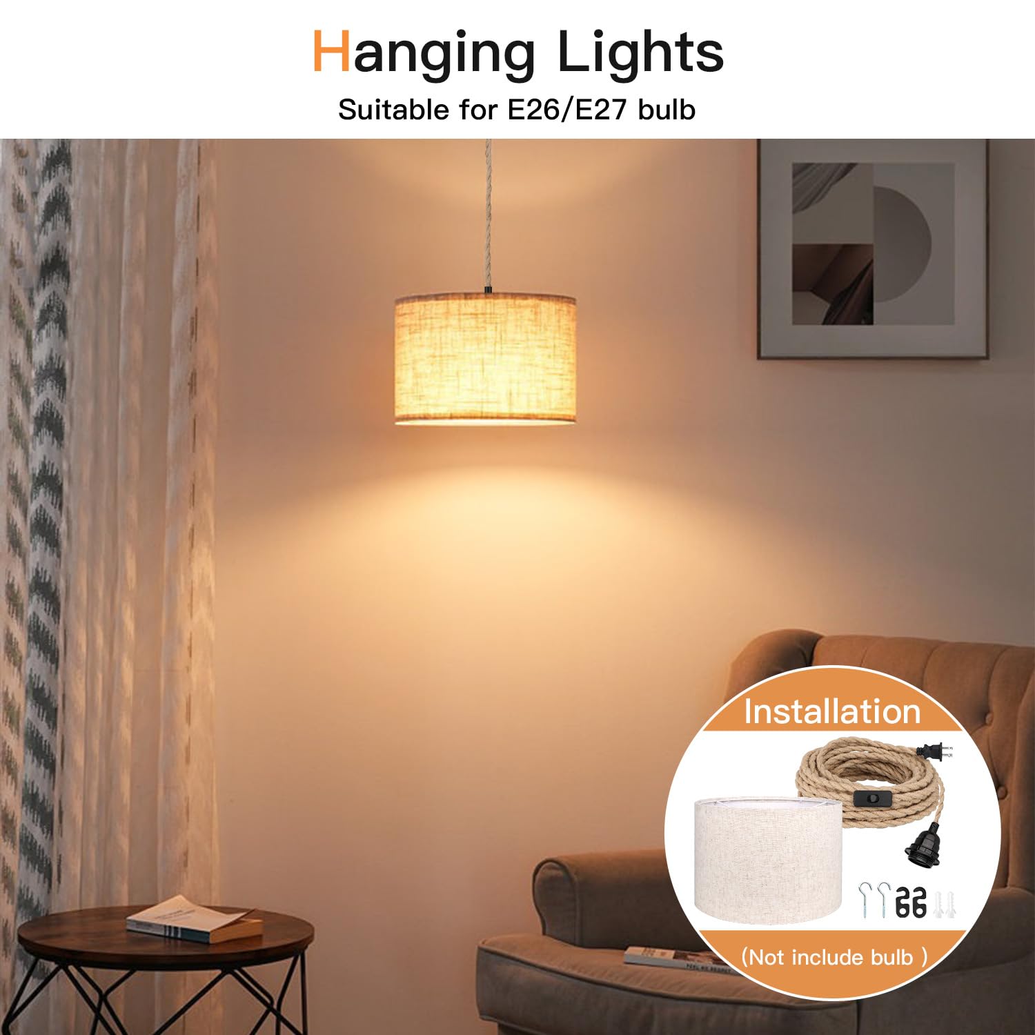 Lámpara colgante enchufable de 16.5 pies, lámpara colgante con pantalla de enchufe, interruptor de cuerda de cáñamo, pantalla de tela de lino beige para comedor, cocina, sala de estar 3