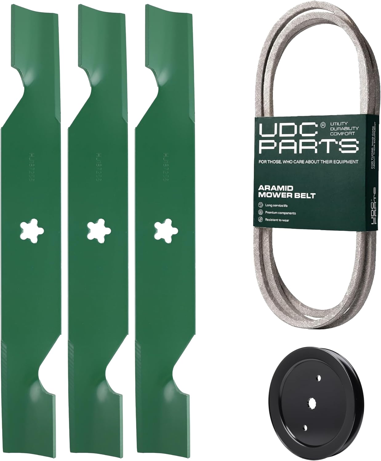 UDC Parts 539114557/187256 + 532195945 Mower Deck Belt/High Lift Notched Mower Blades + Idler Pulley/Fits Husqvarna Craftsman Poulan