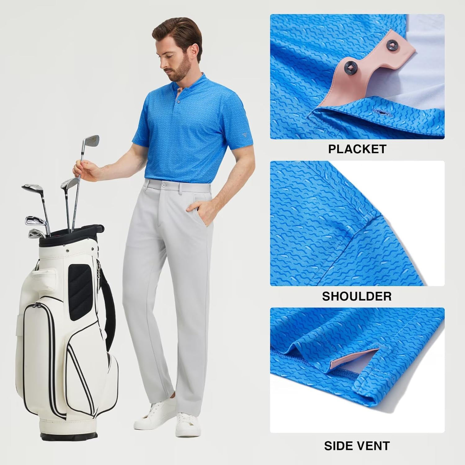 M MAELREG Golf Shirts for Men Collarless Performance Dry Fit Stretch Henley Casual Printed Mens Polo Shirts Short Sleeve